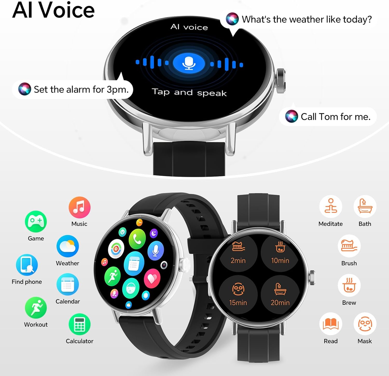 Round Smart Watch Bluetooth Call Black 2 Bands