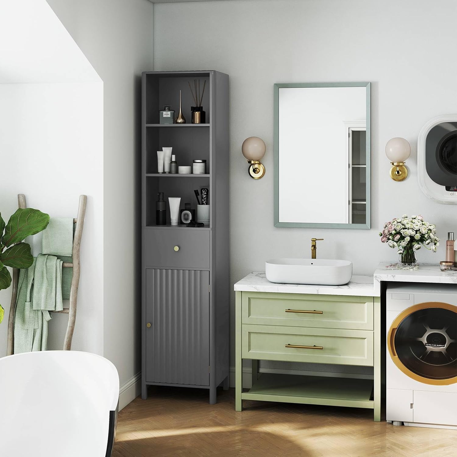 Slim Bathroom Tall Cabinet Drawer Shelf Unit Grey