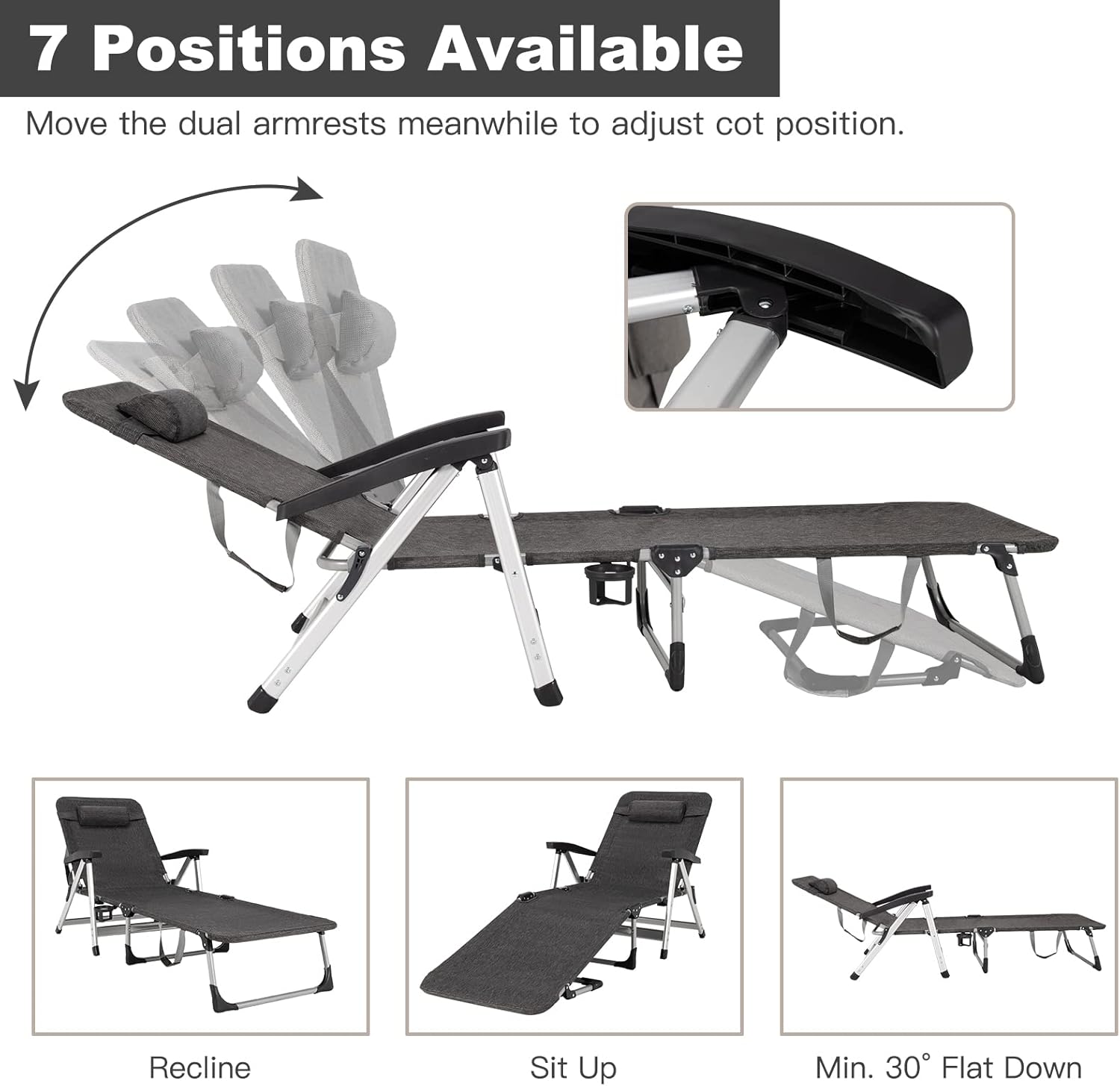 Folding Sun Lounger 7 Position Reclining Chair with Cup Holder Grey