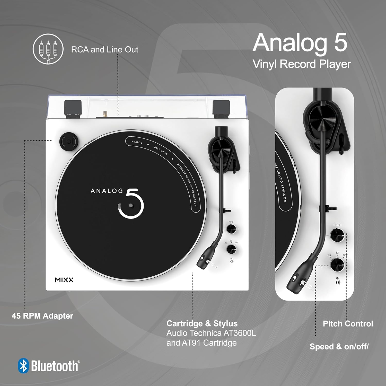 Bluetooth Vinyl Record Player RCA Line Out White