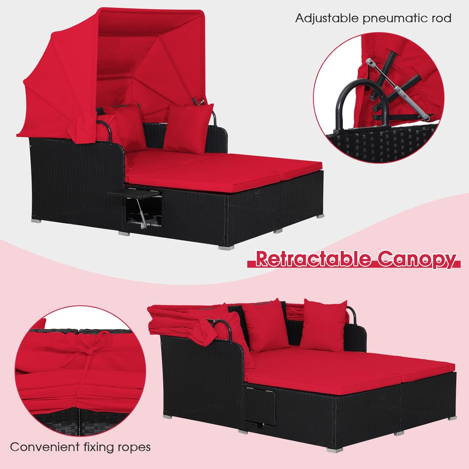 2 Seater Rattan Daybed Sunbed Canopy Side Tables Red