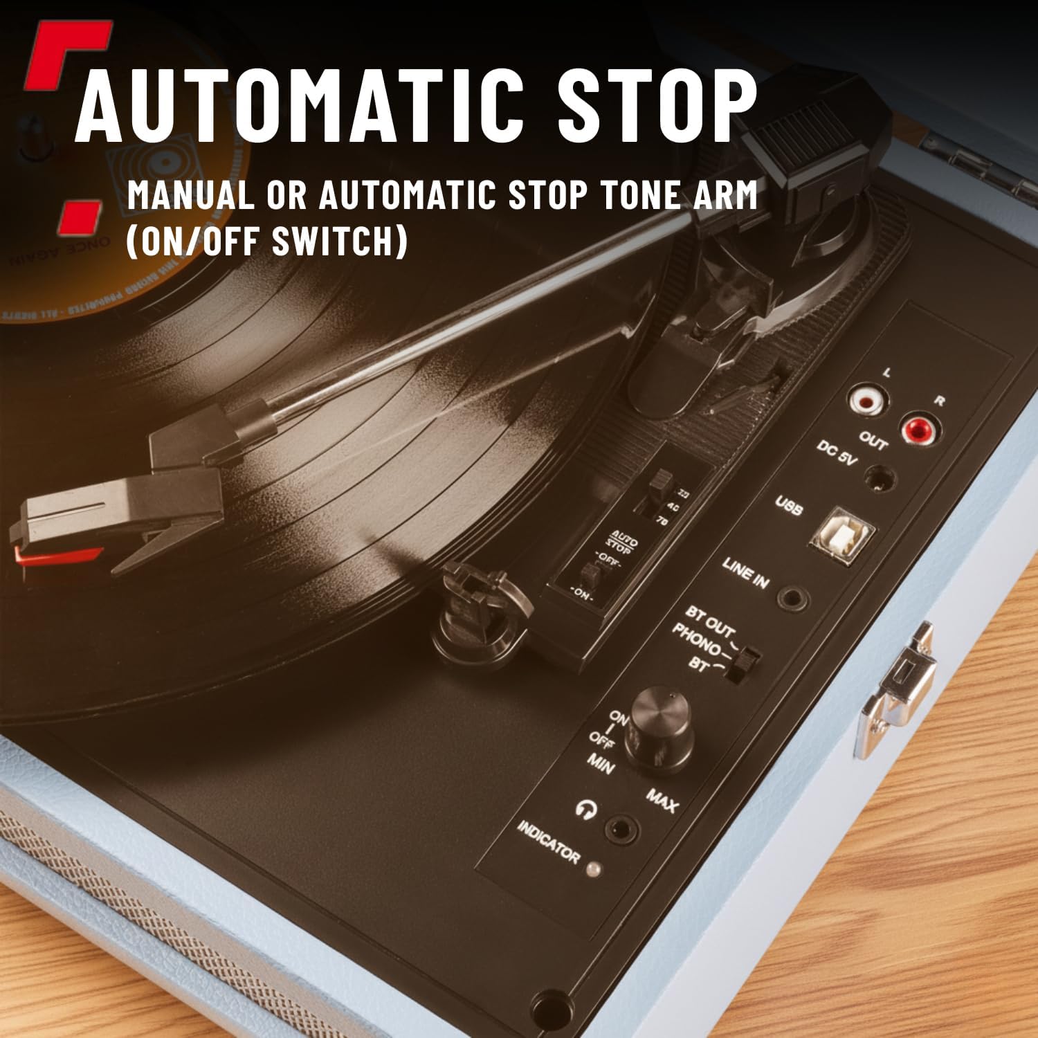 Portable Briefcase Record Player Bluetooth 3 Speed Blue