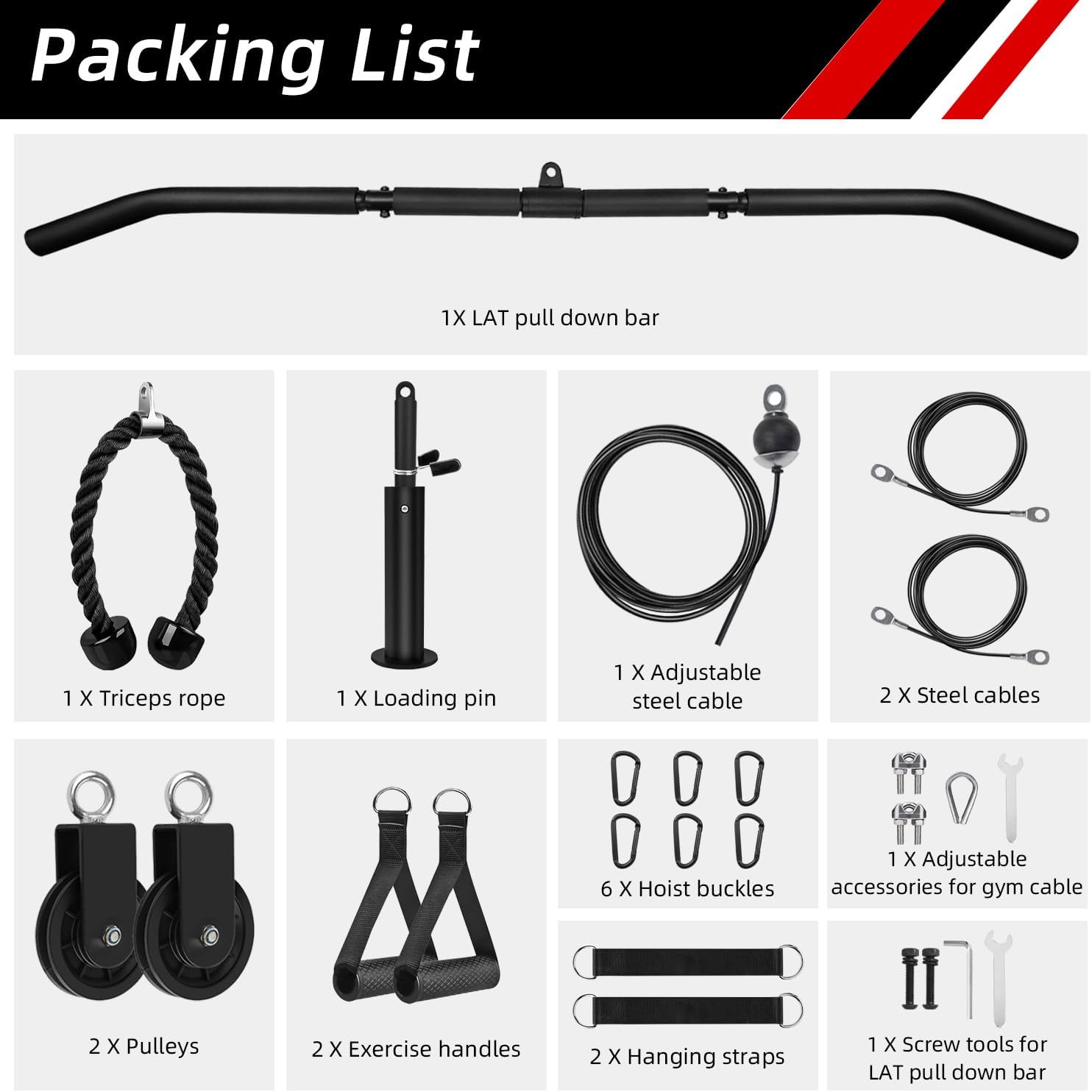 Home Gym Cable Pulley System LAT Pulldown Trainer w/ 3 Handles 150kg