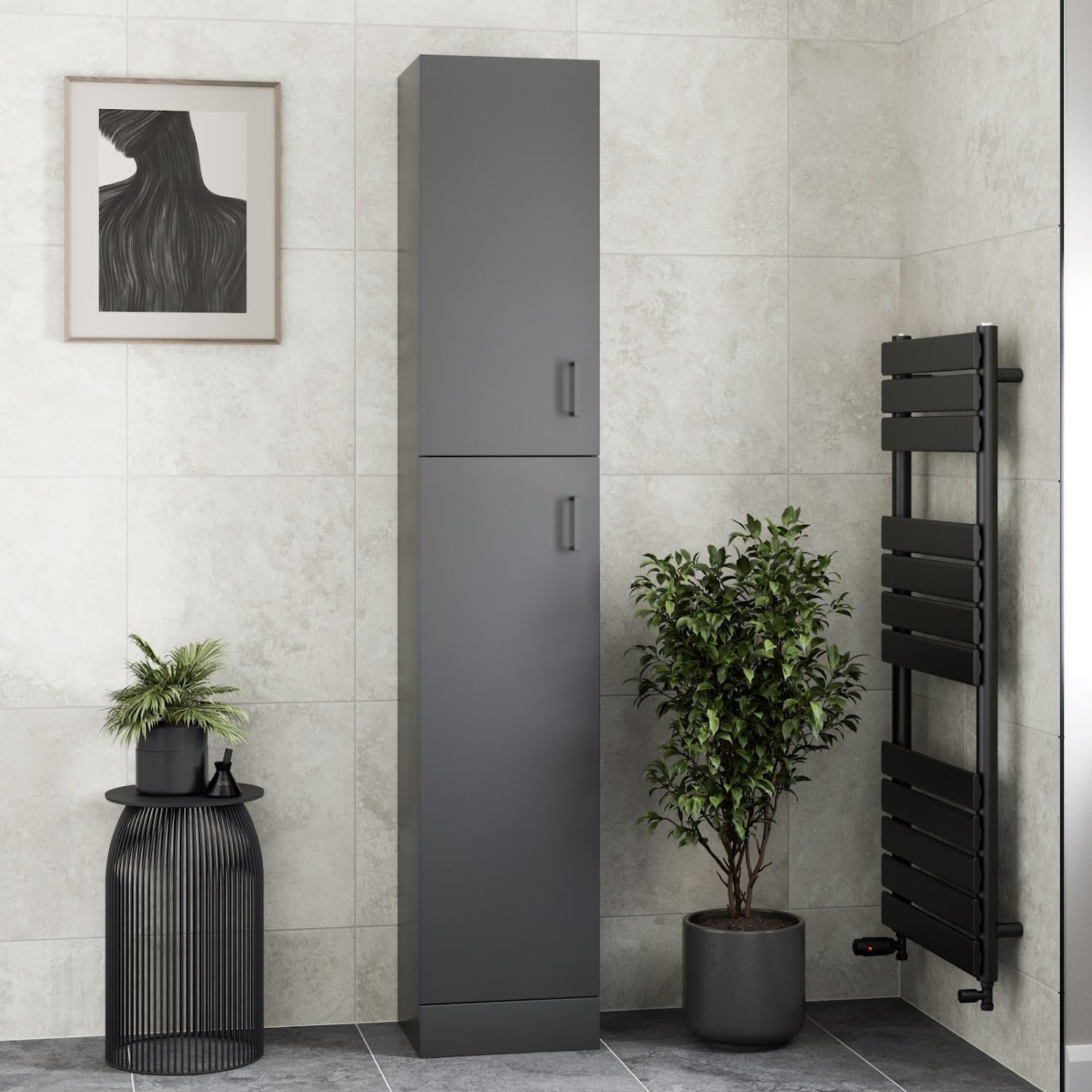 Tall Bathroom Cabinet Matt Black Soft Close Door Unit