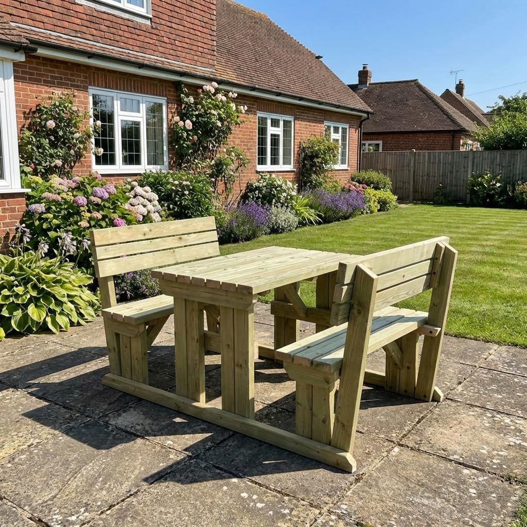 4 Seater Wooden Picnic Table with Backrest Garden Patio Set