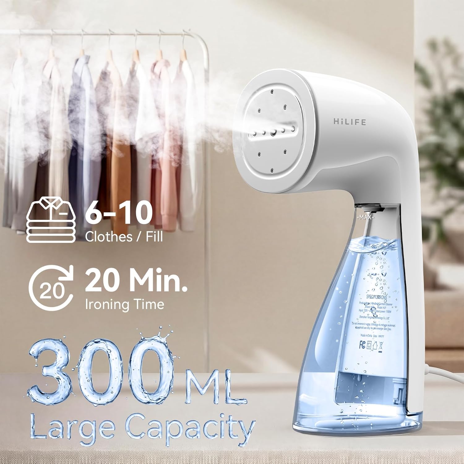 Portable Clothes Steamer 300ml Tank 1100W Wrinkle Remover Travel
