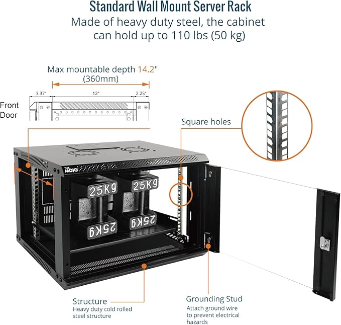 6U Wall Mount Server Cabinet 450mm Glass Door Rack Black
