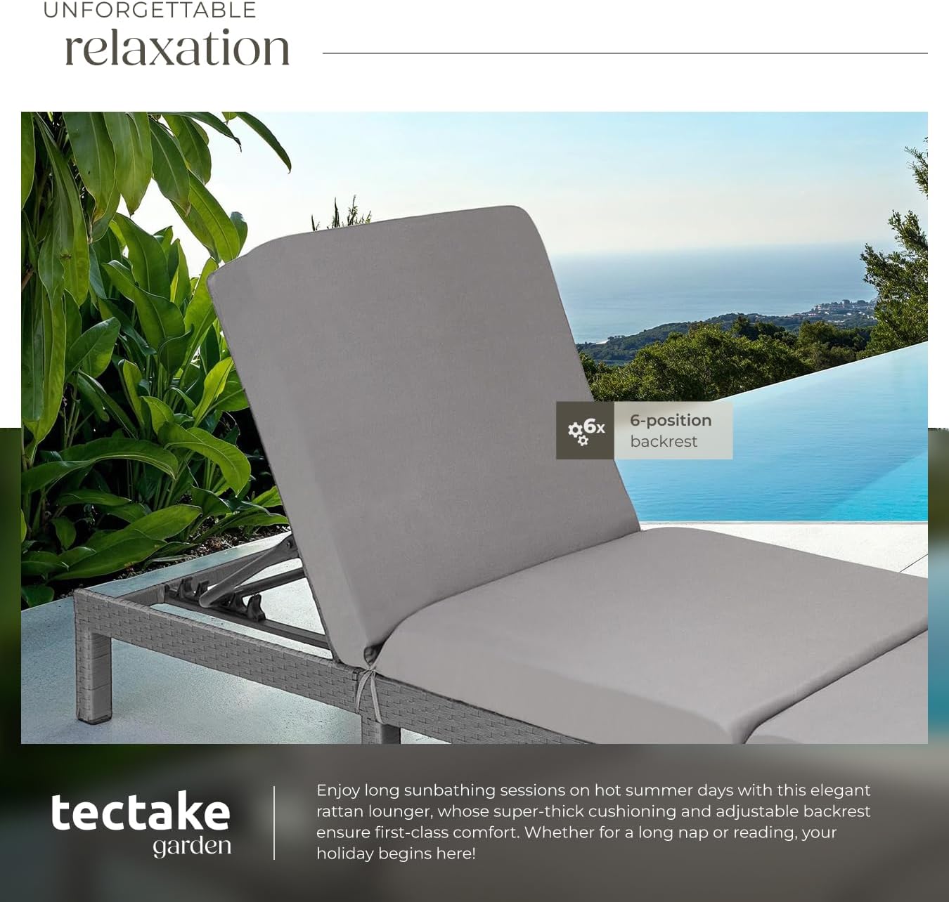 Luxury Rattan Sun Lounger 6 Position Cushion Grey