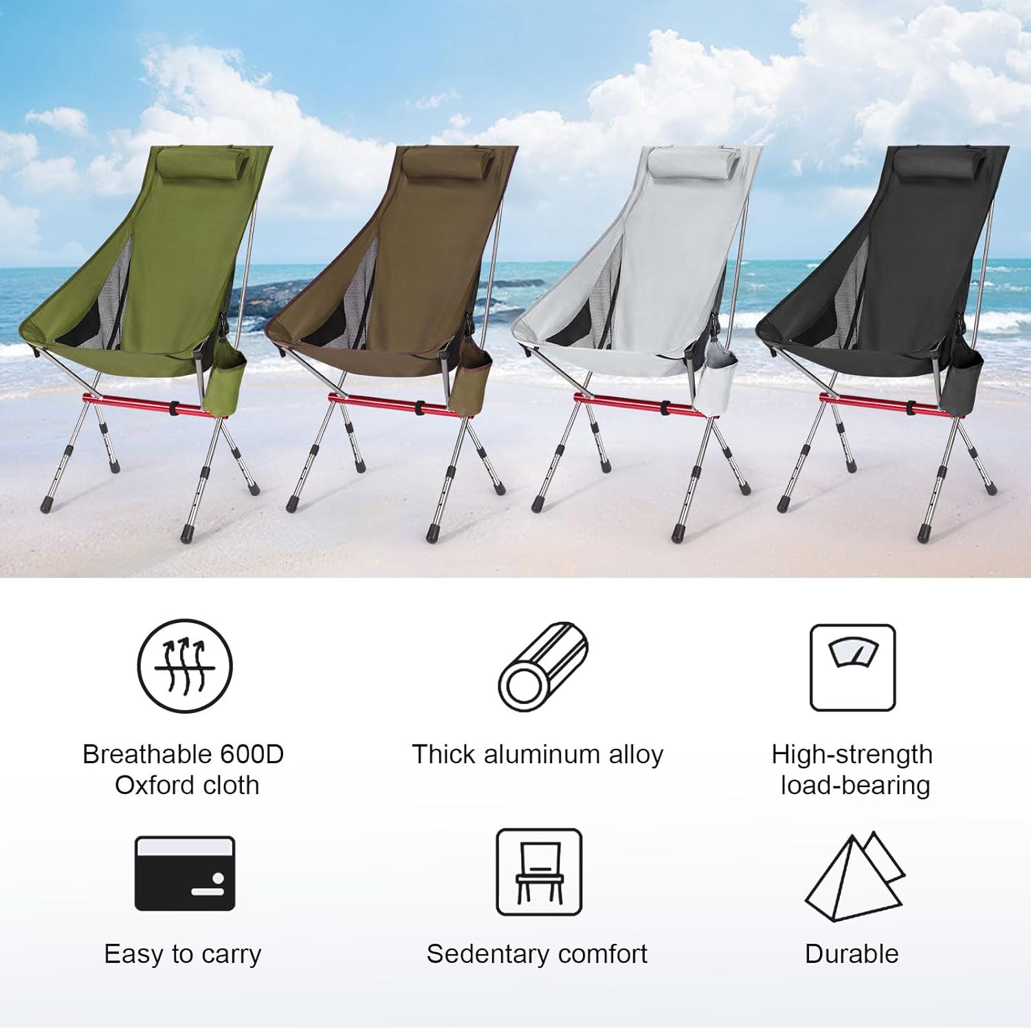 Foldable Camping Chair High Back Adjustable Black