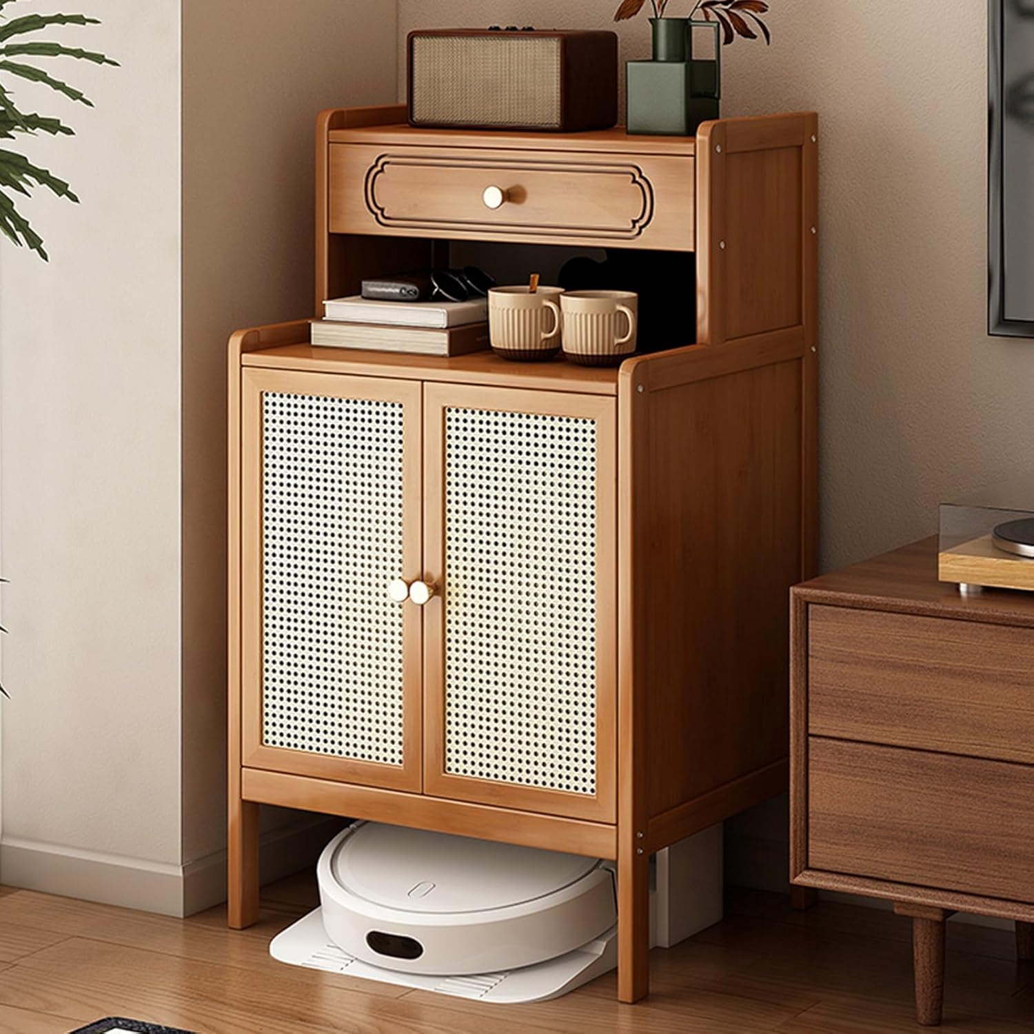 Hidden Robot Vacuum Cabinet Wood Side Table Storage Drawer Rattan Door