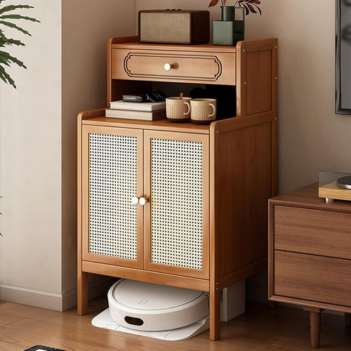 Hidden Robot Vacuum Cabinet Wood Side Table Storage Drawer Rattan Door