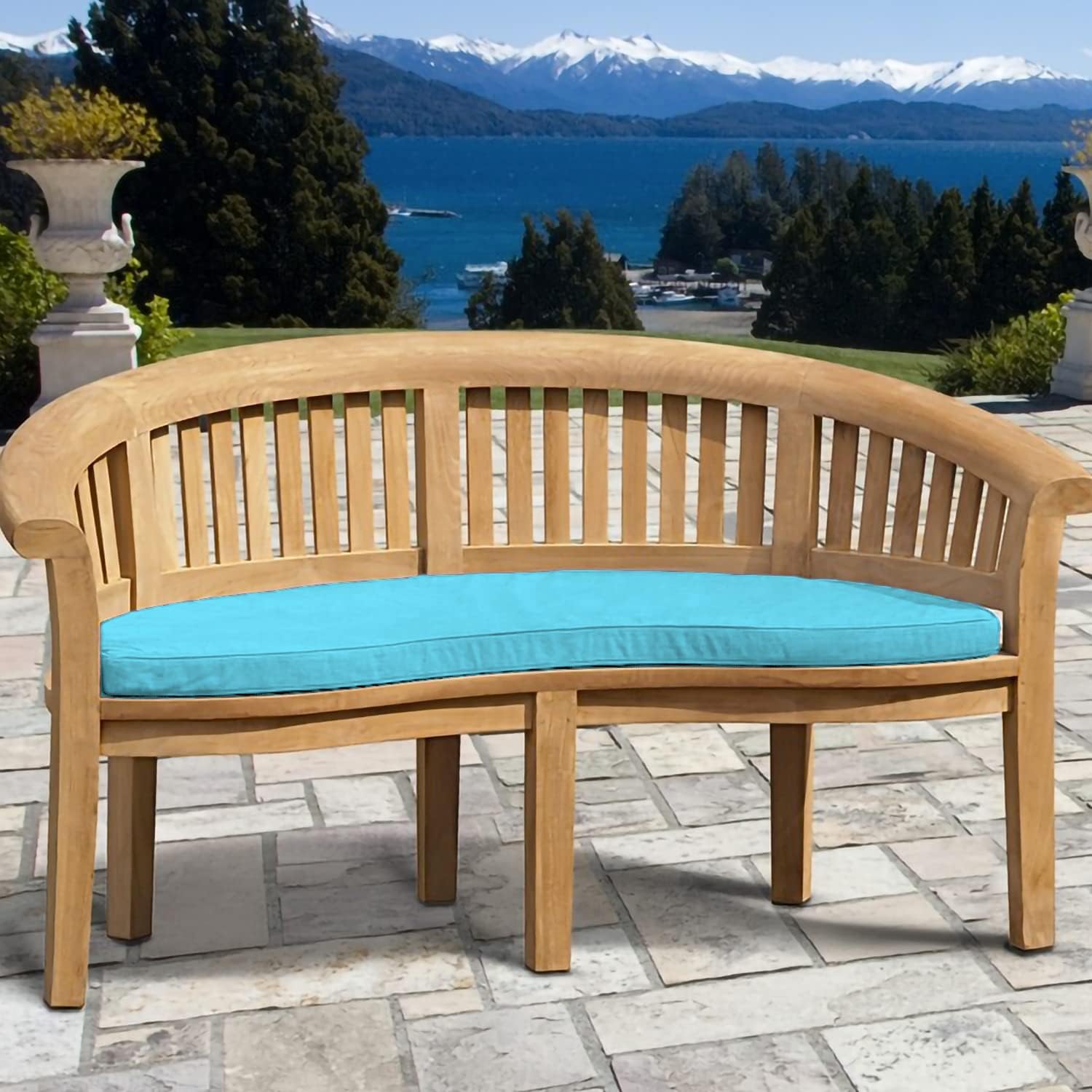 Extra Thick Teak Wood Banana Garden Bench w/ Green Cushion Patio Seat 168cm