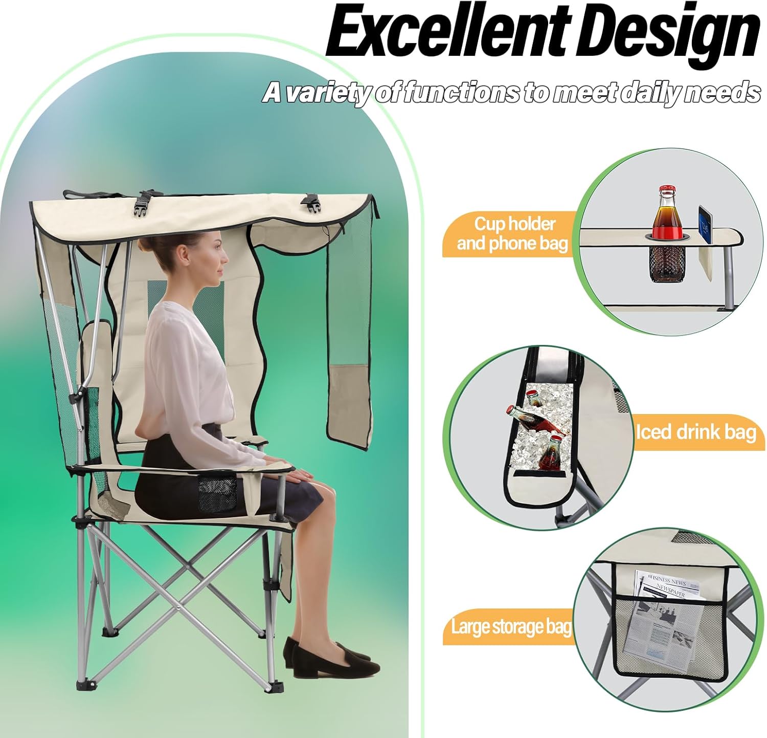 Camping Chair with Canopy Cooler Cup Holder White