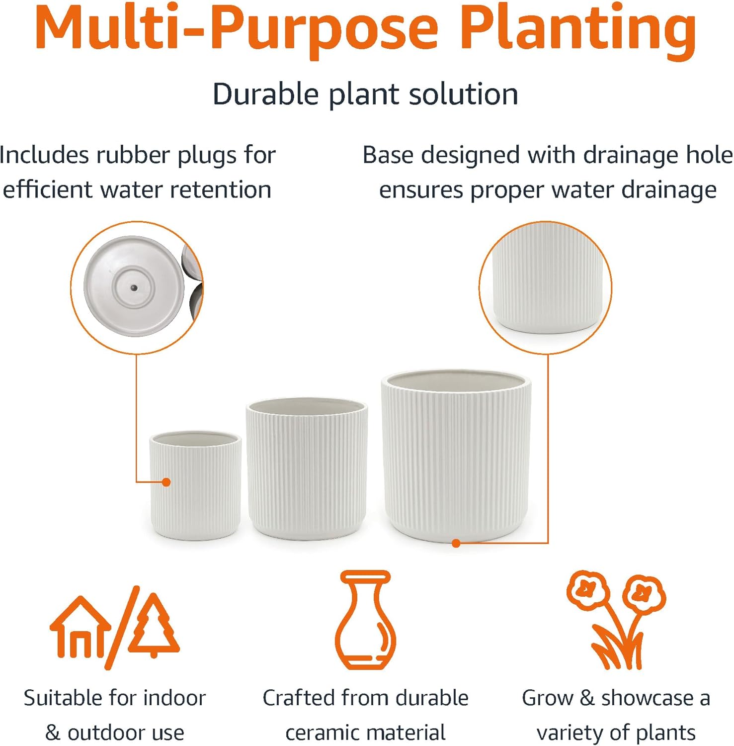 Ceramic Plant Pots Set of 3 White Fluted Planters 15 20 25cm