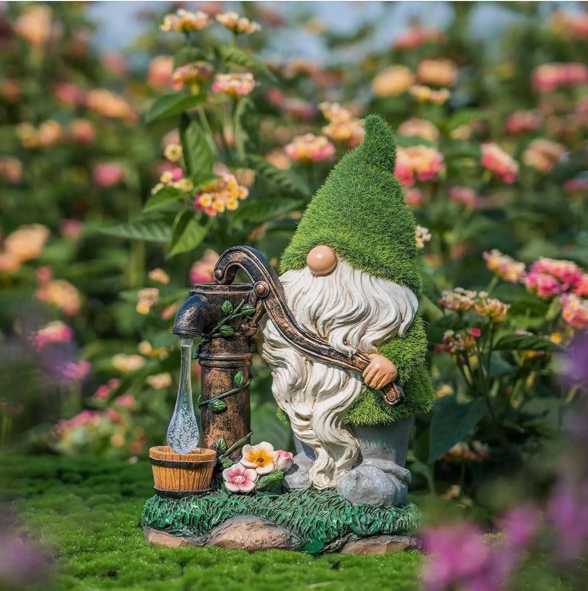 Solar Garden Gnome LED Water Pump Statue 30cm Outdoor Decor