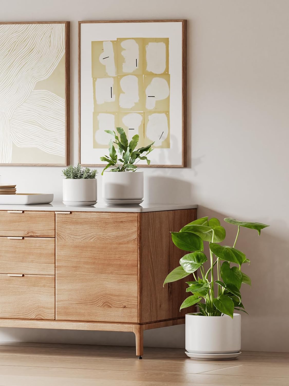 25cm Large White Ceramic Plant Pot with Saucer Modern