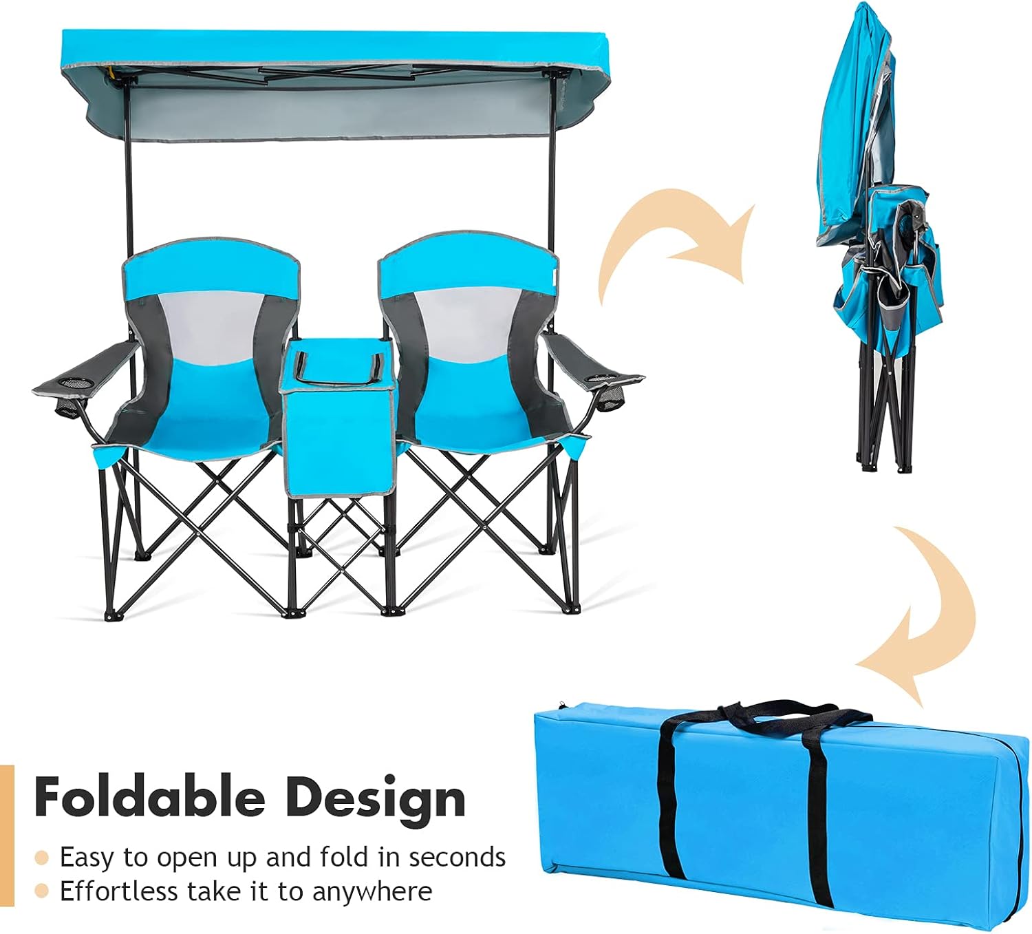 Double Camping Chair with Canopy 2 Seater Blue