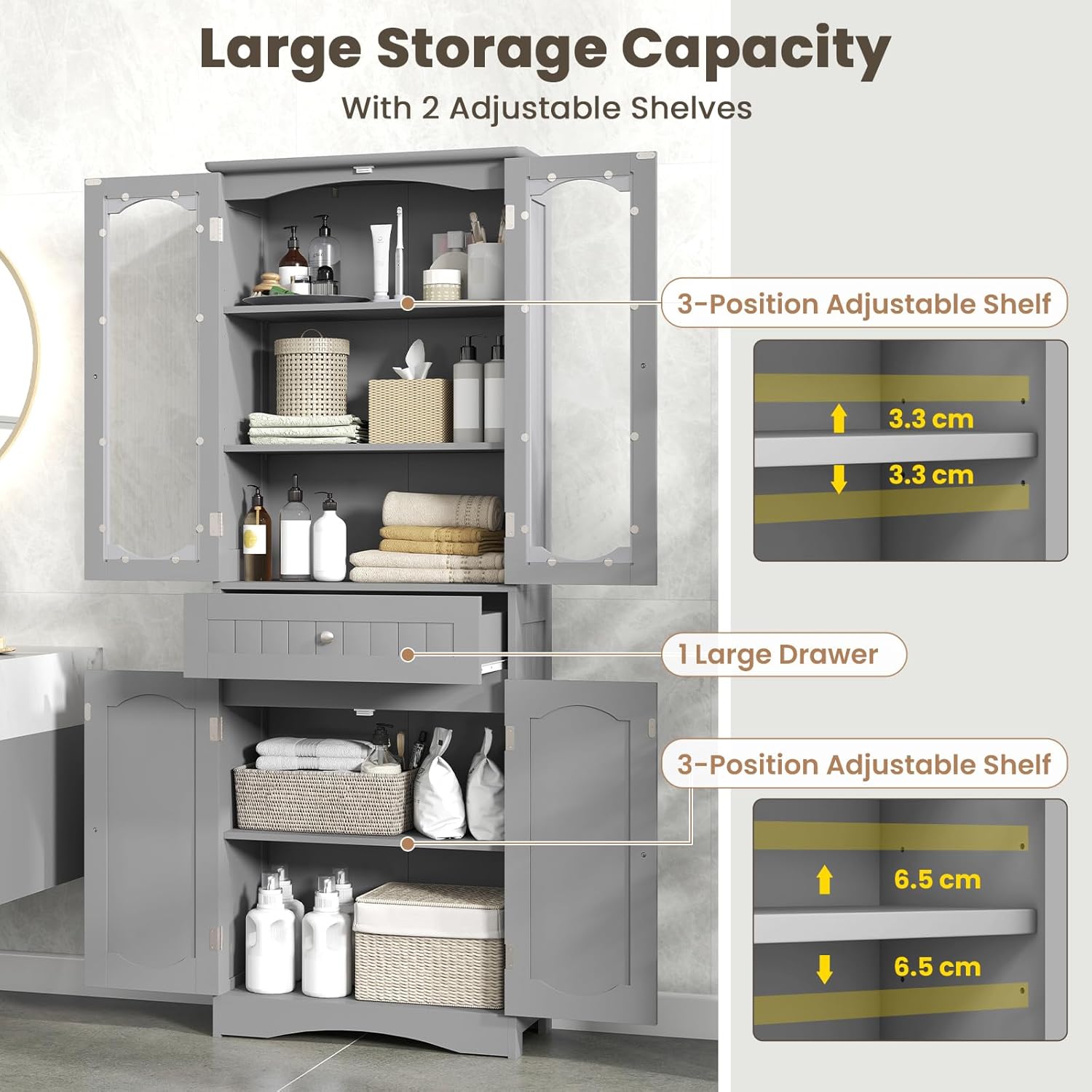 Grey Tallboy Bathroom Storage Unit Glass Door Drawer Cabinet Shelf