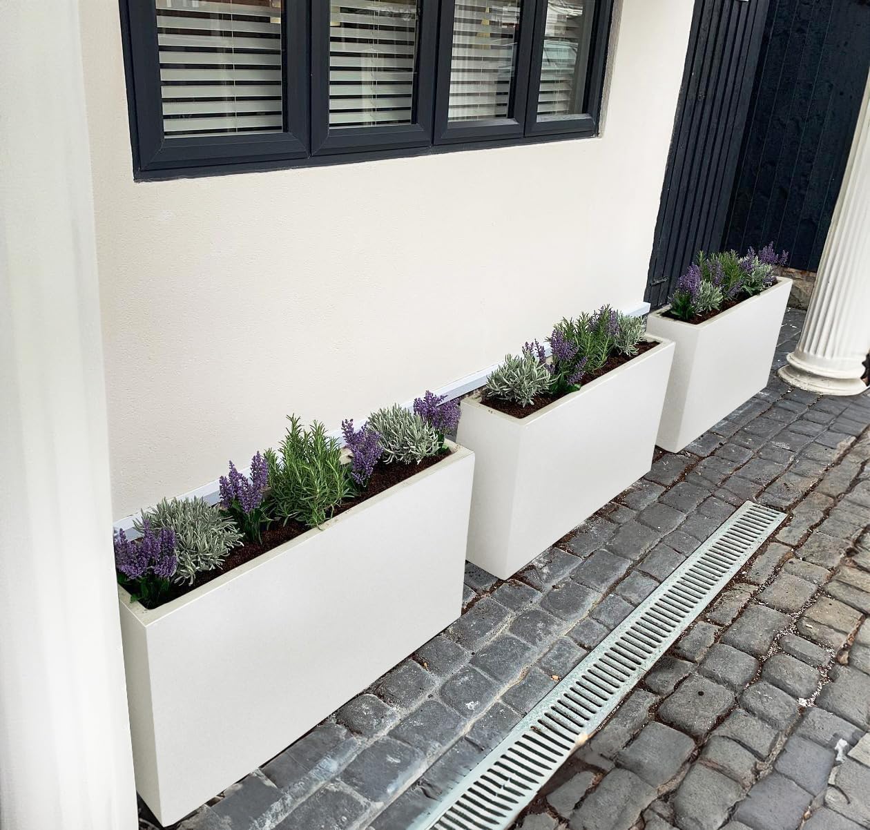 85cm Large Trough Planter White Stone Effect Outdoor Garden Pot
