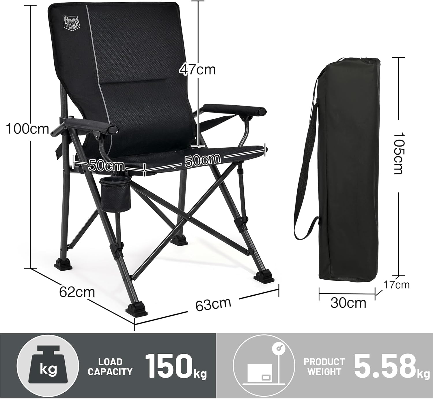 Folding Camping Chair 150KG High Back Lumbar Support Seat