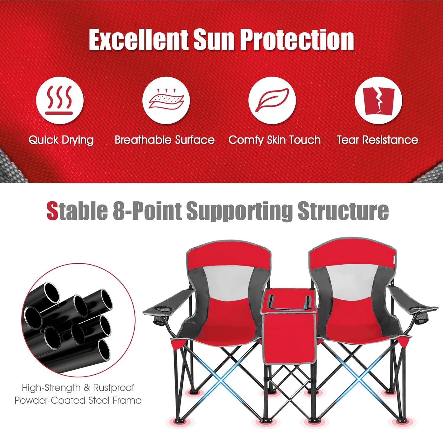 Double Camping Chair with Roll Up Shade Cooler Bag Red