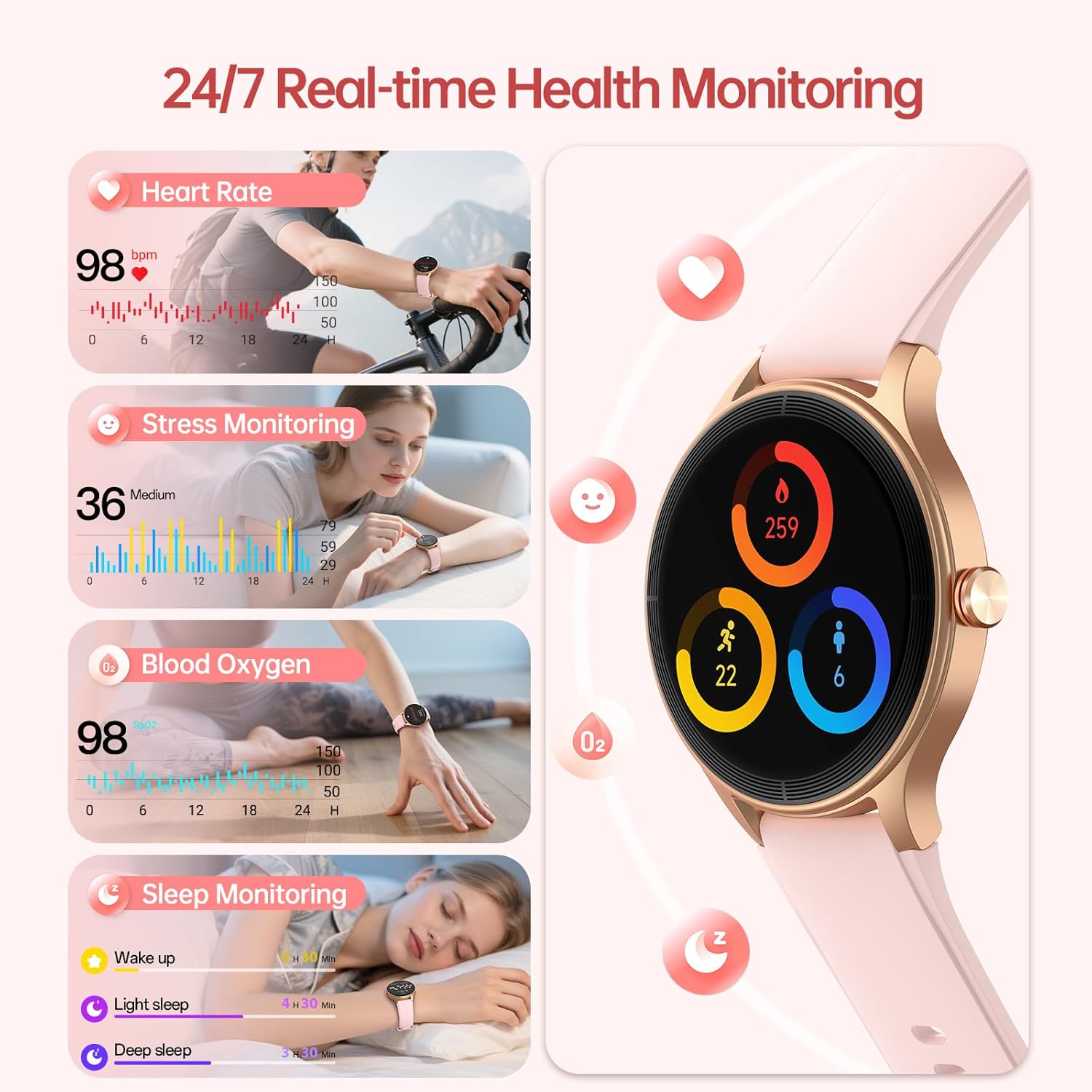 Pink Womens Smart Watch AI Voice Bluetooth Calls
