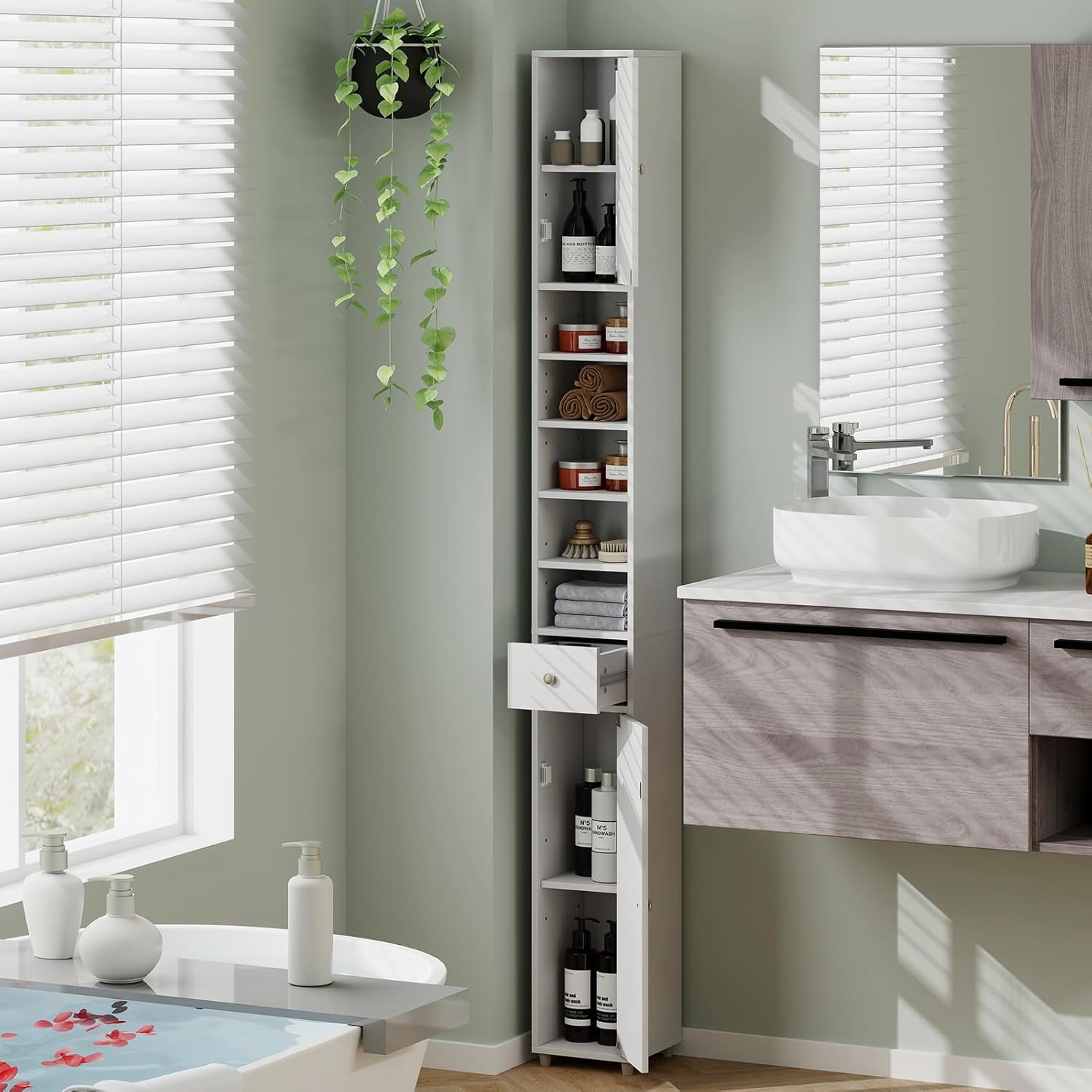 Tall Slim Bathroom Storage Cabinet Drawer Adjustable Shelves White