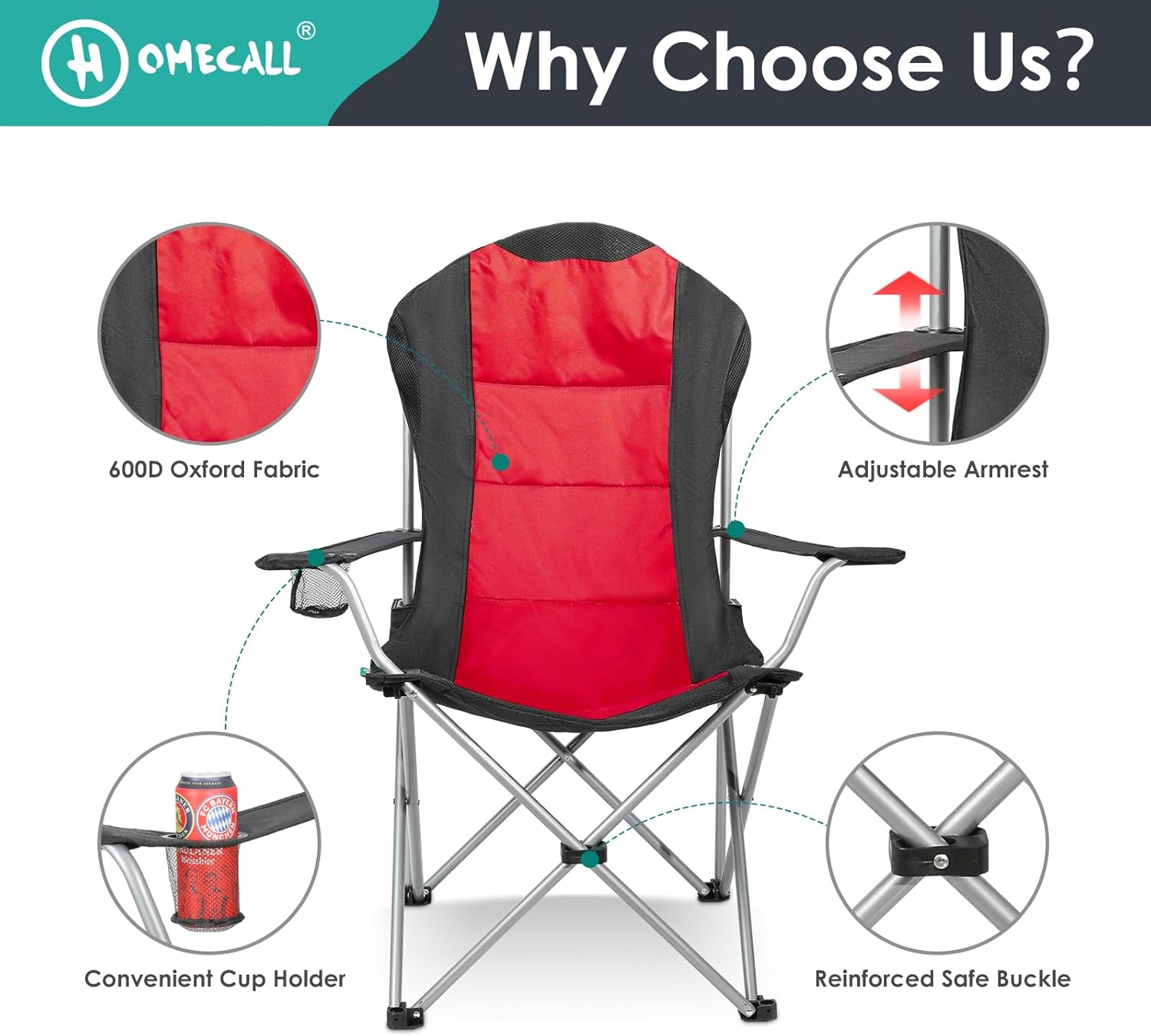 Padded Folding Camping Chair with Cup Holder Carry Bag Red