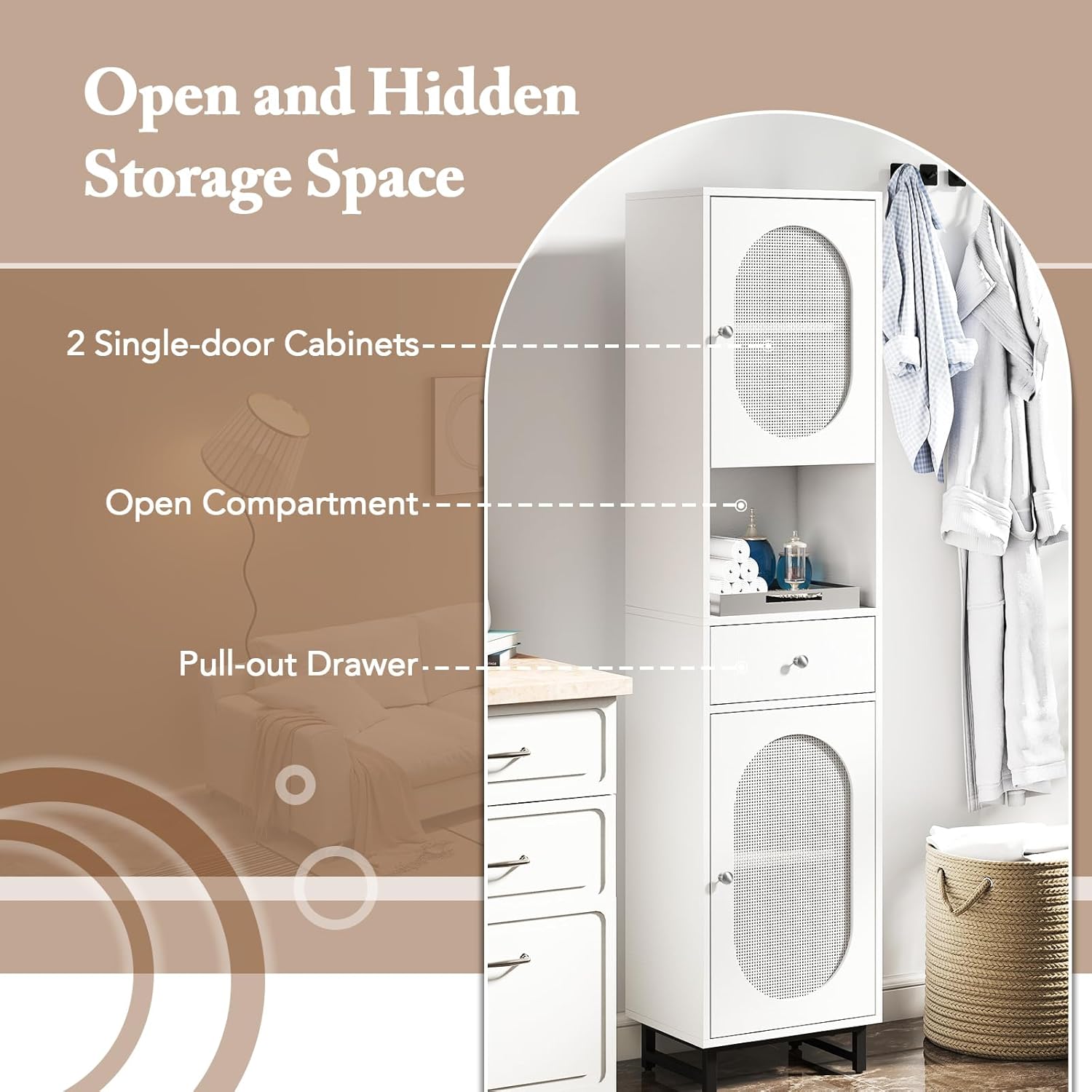 Tall Slim Storage Cabinet White Rattan Drawer Door Unit
