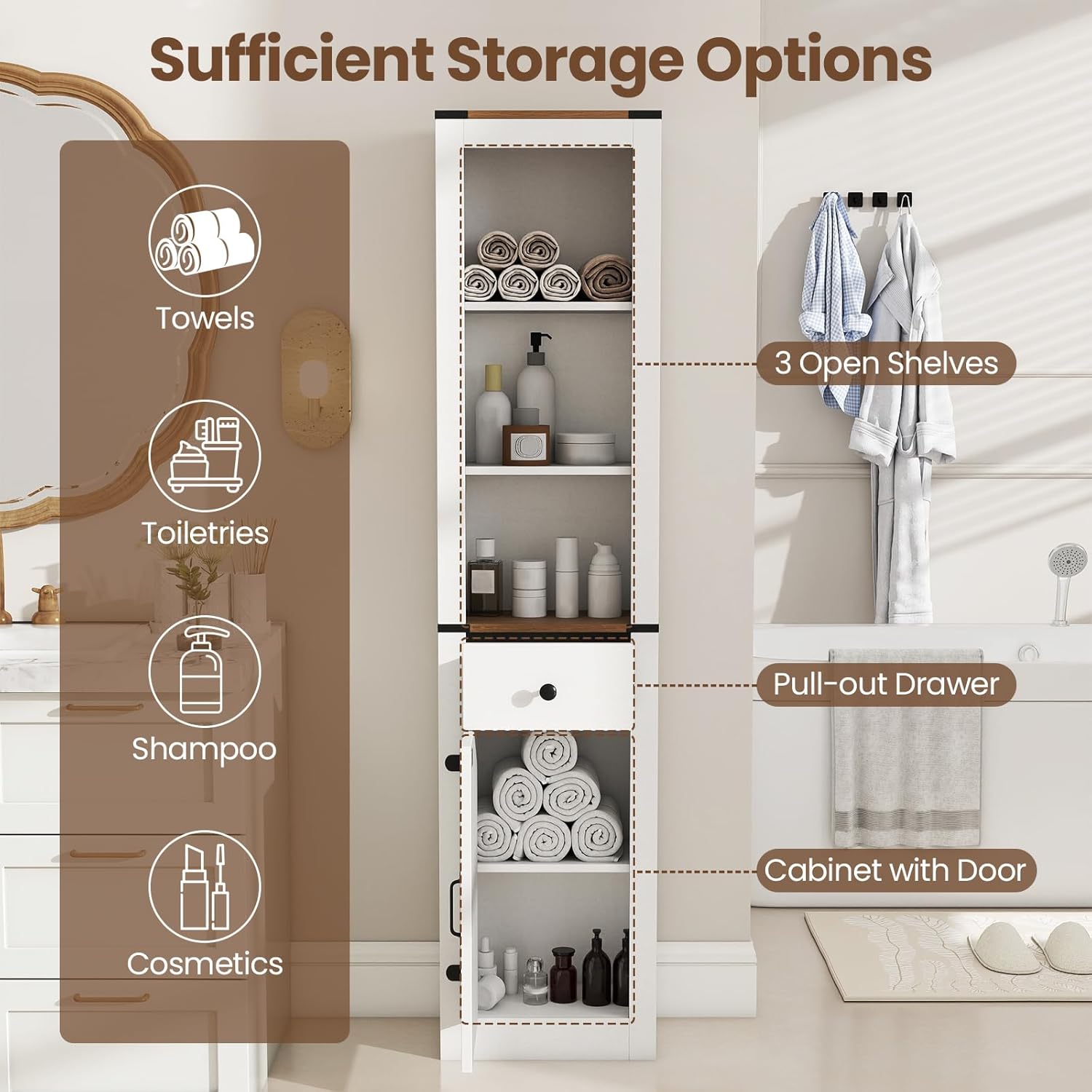 Farmhouse Tall Bathroom Cabinet Drawer Shelf Unit White Brown