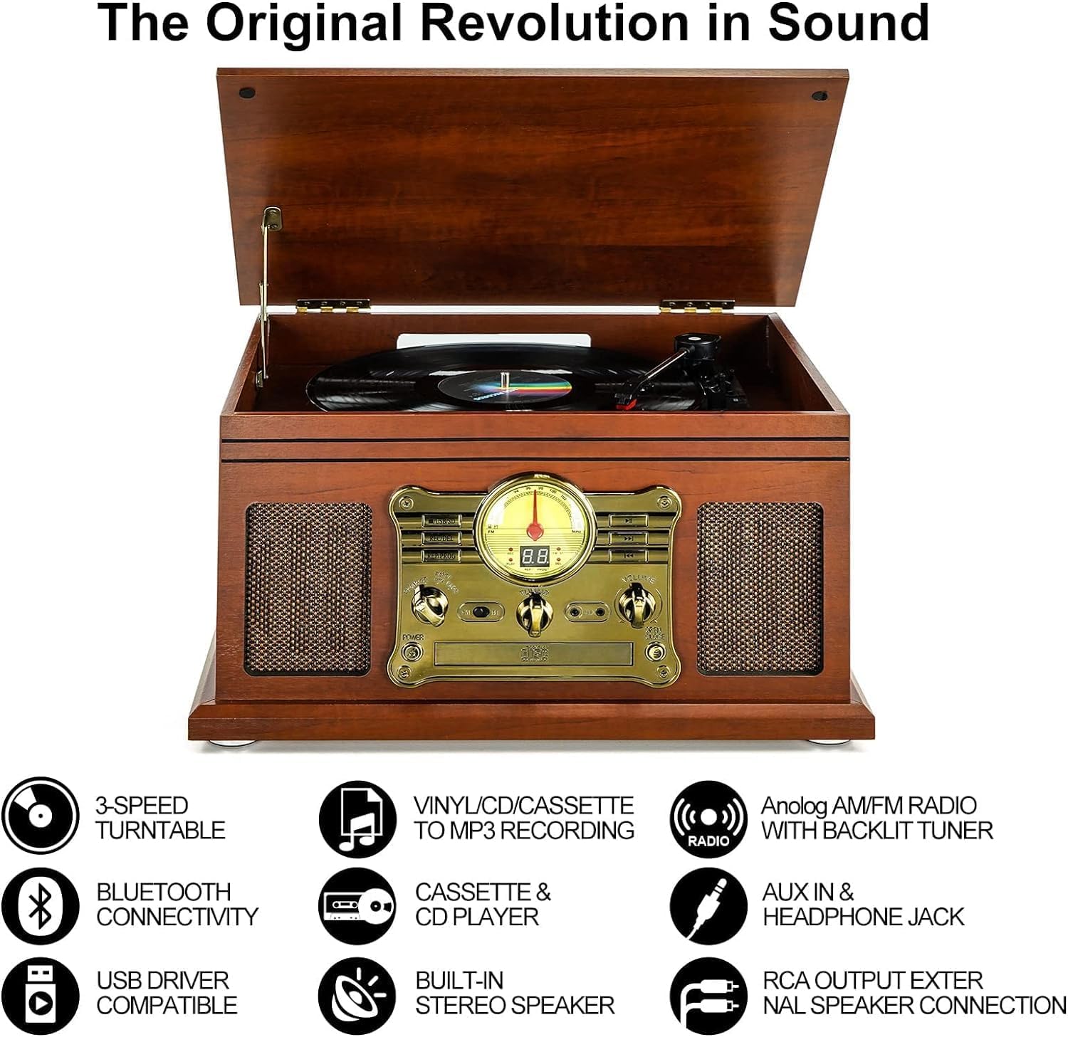 10-in-1 Bluetooth Record Player Turntable CD Cassette FM Radio MP3