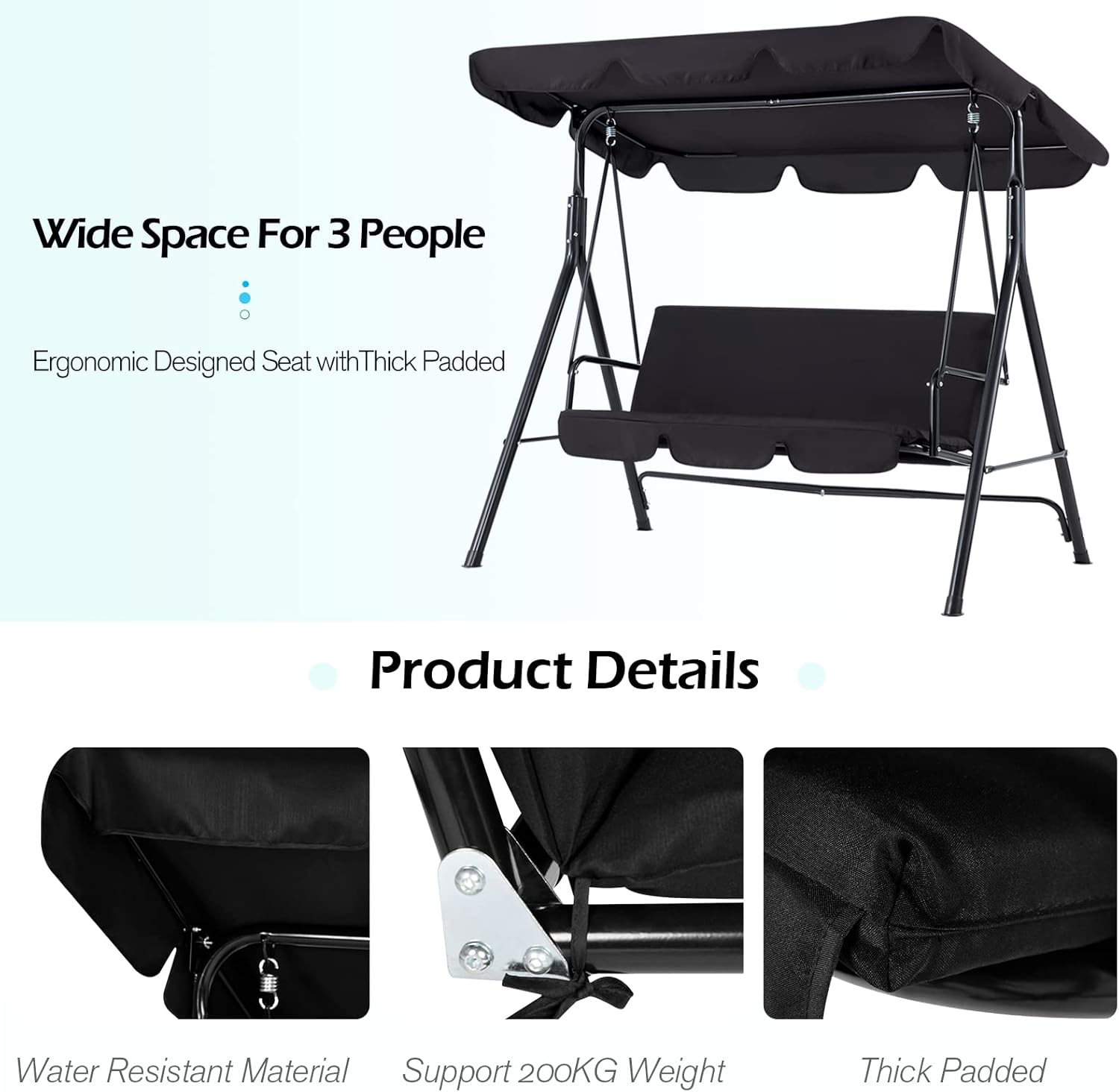 3 Seater Garden Swing Chair with Adjustable Canopy Black