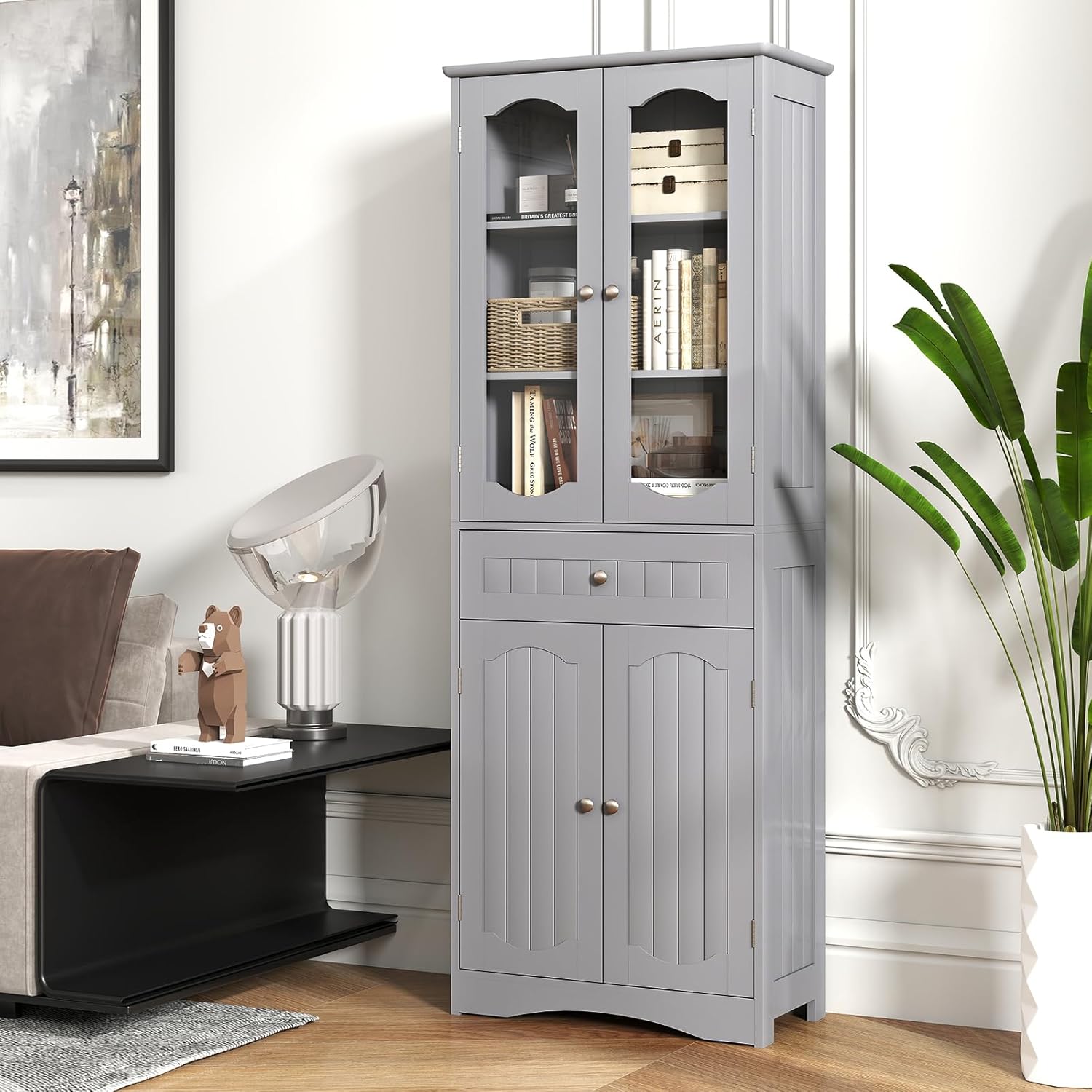 Grey Tallboy Bathroom Storage Unit Glass Door Drawer Cabinet Shelf