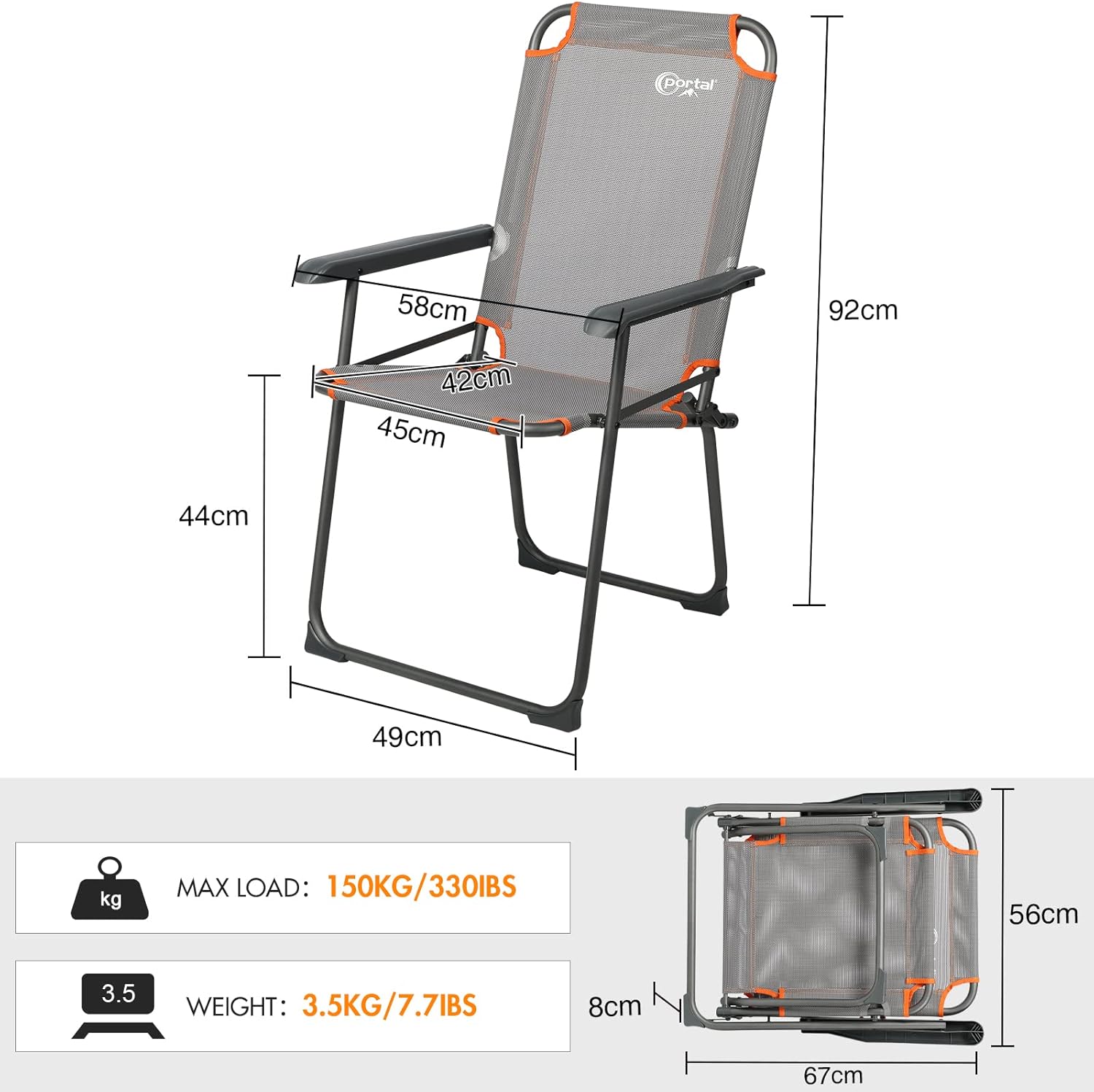 Lightweight Folding Camping Chair High Back Grey Mesh