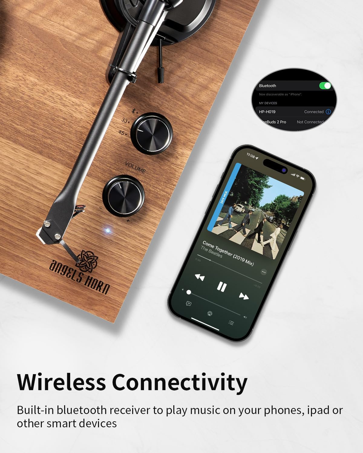 Hi-Fi Turntable with Bluetooth Speakers, Vinyl Record Player, 2-Speed, Wood Finish