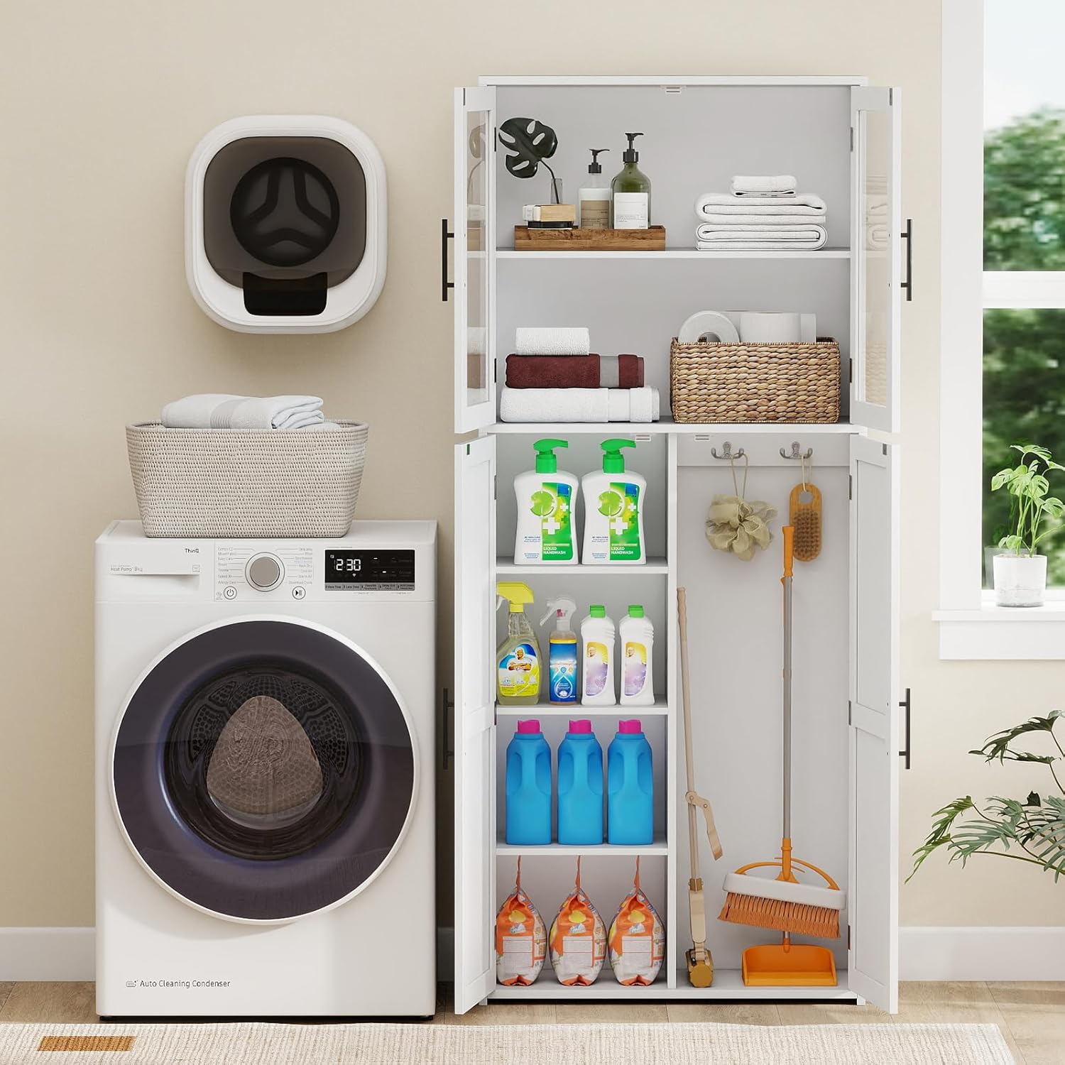 Tall Storage Cabinet White Glass Door Hook Shelf Unit