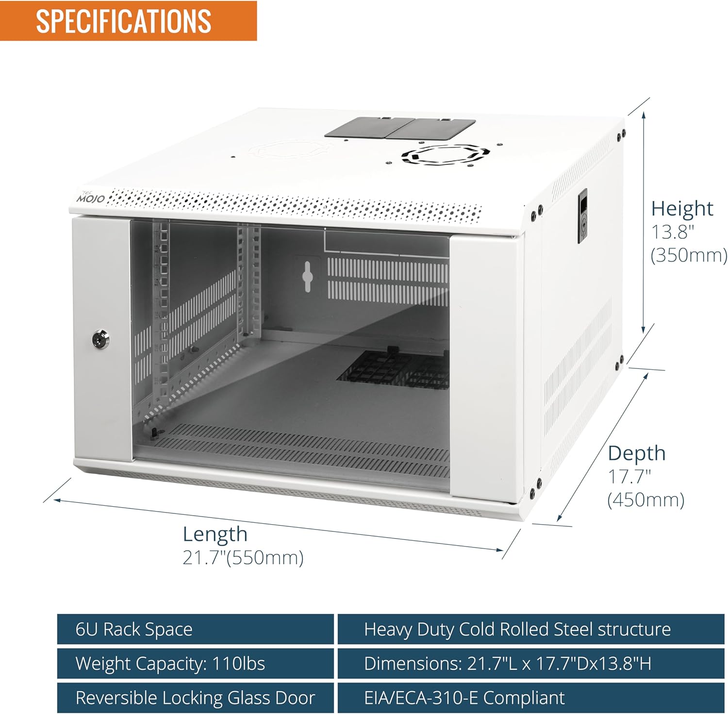 6U Wall Mount Server Cabinet 450mm Glass Door White
