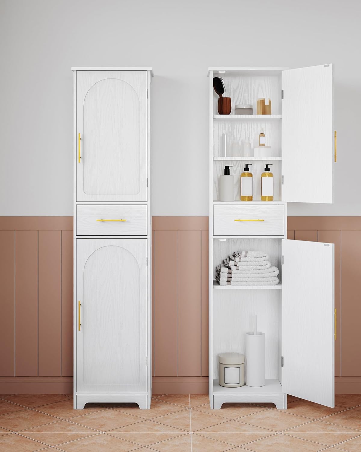 Tall Slim Storage Cabinet White Drawer Doors Shelf Unit