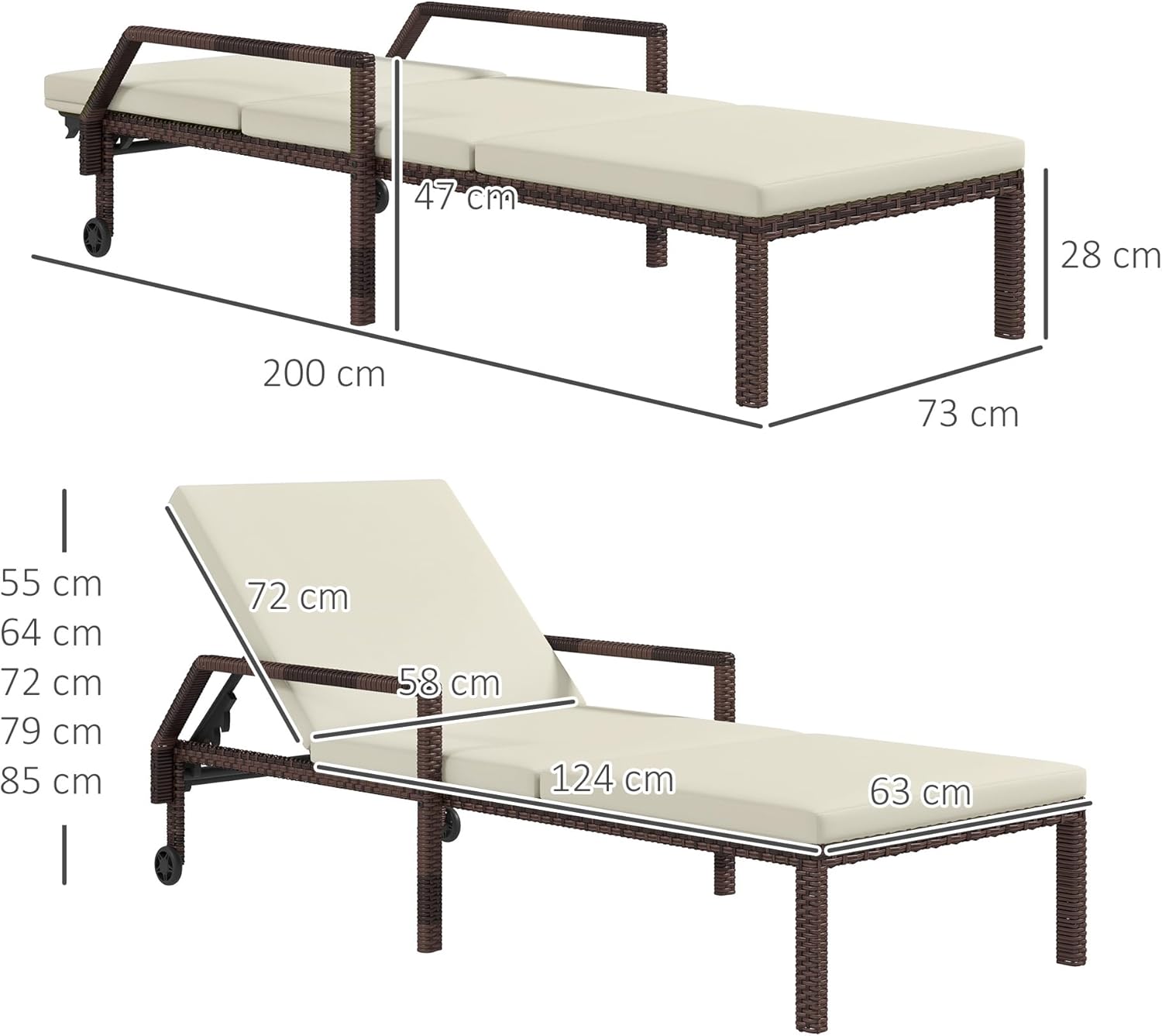 PE Rattan Sun Lounger Recliner 5 Position with Wheels Cream