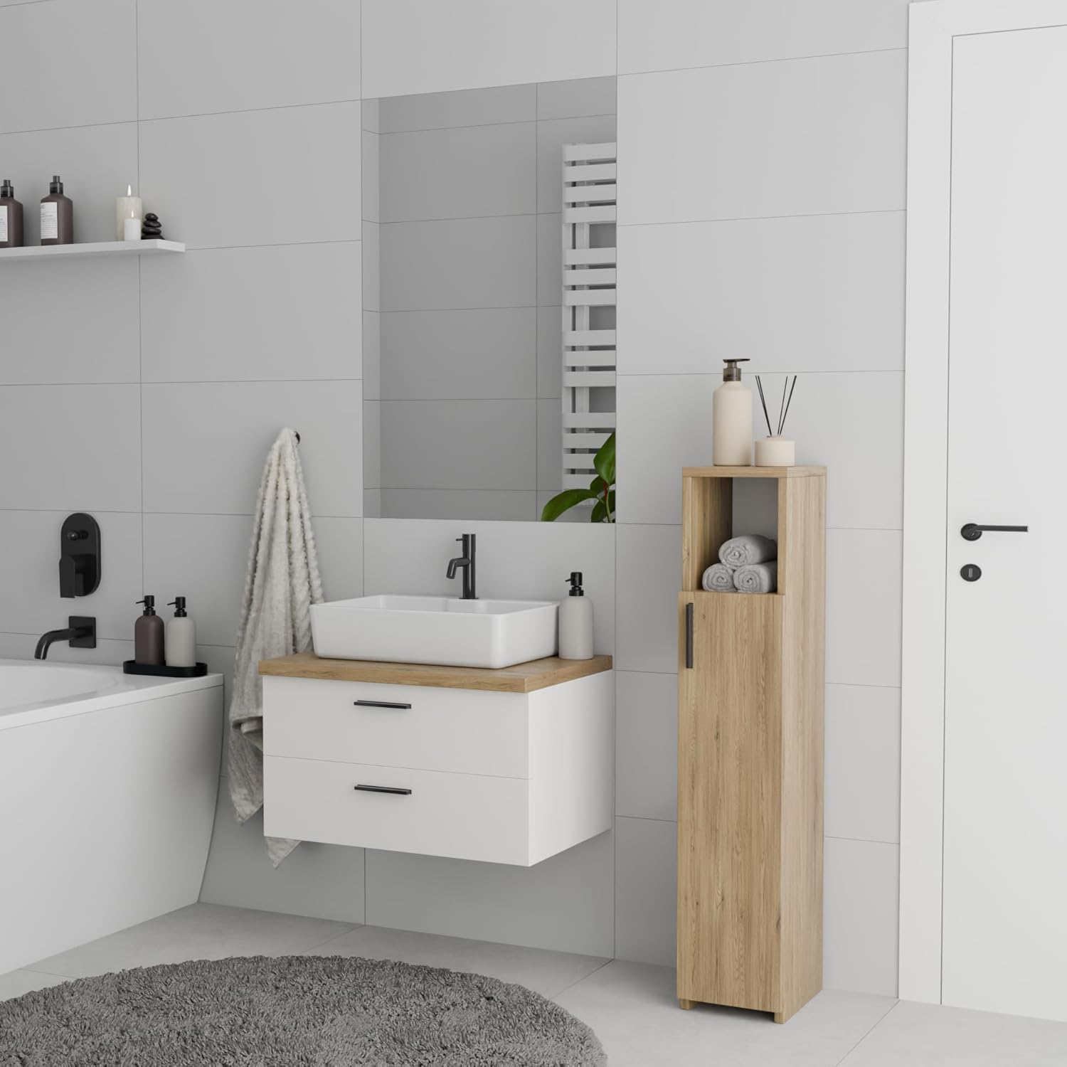 Slim Tall Bathroom Storage Cabinet Freestanding Oak Organizer