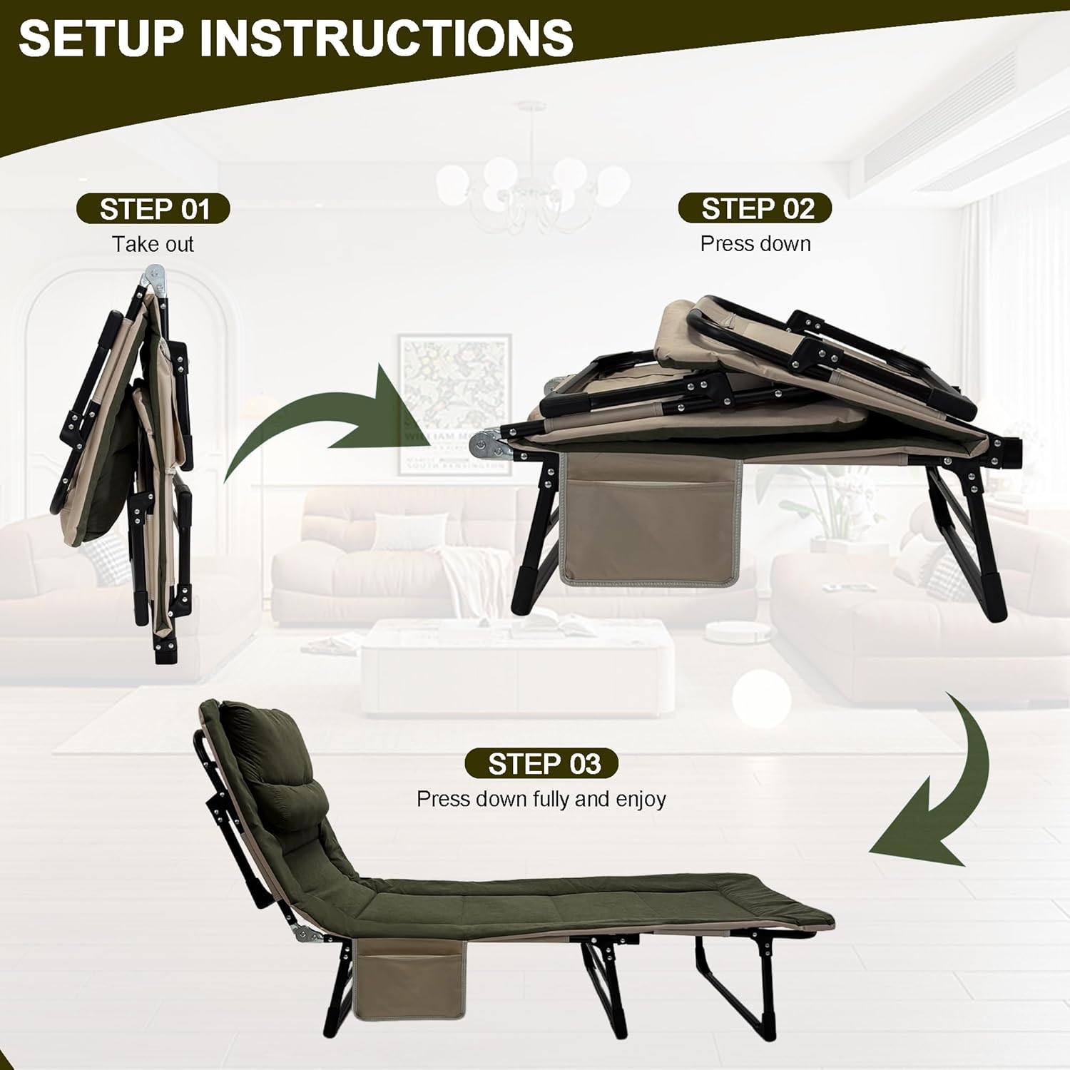 Foldable Sun Lounger Bed Green 6 Position Recliner