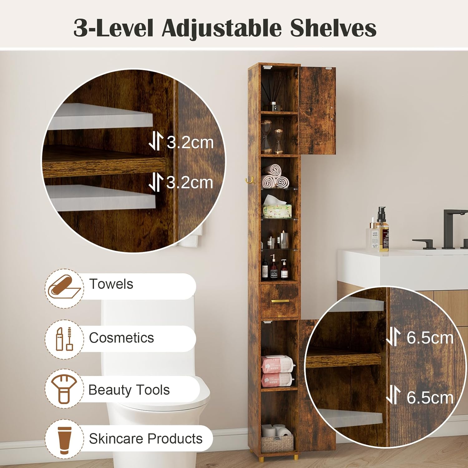 Tall Slim Bathroom Cabinet LED Lights Drawer Rustic Brown 180cm
