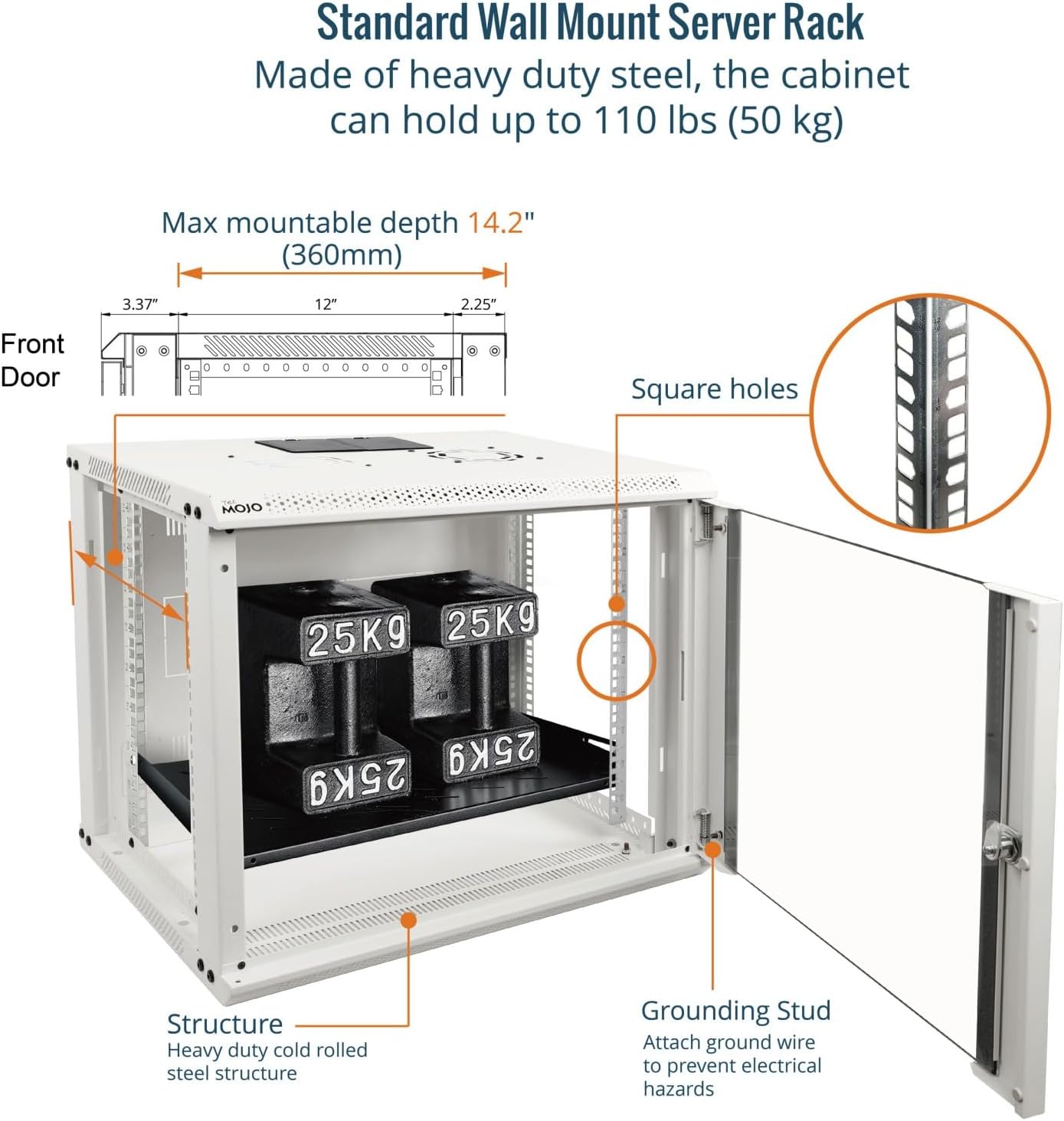 9U Wall Mount Server Cabinet 450mm Glass Door White