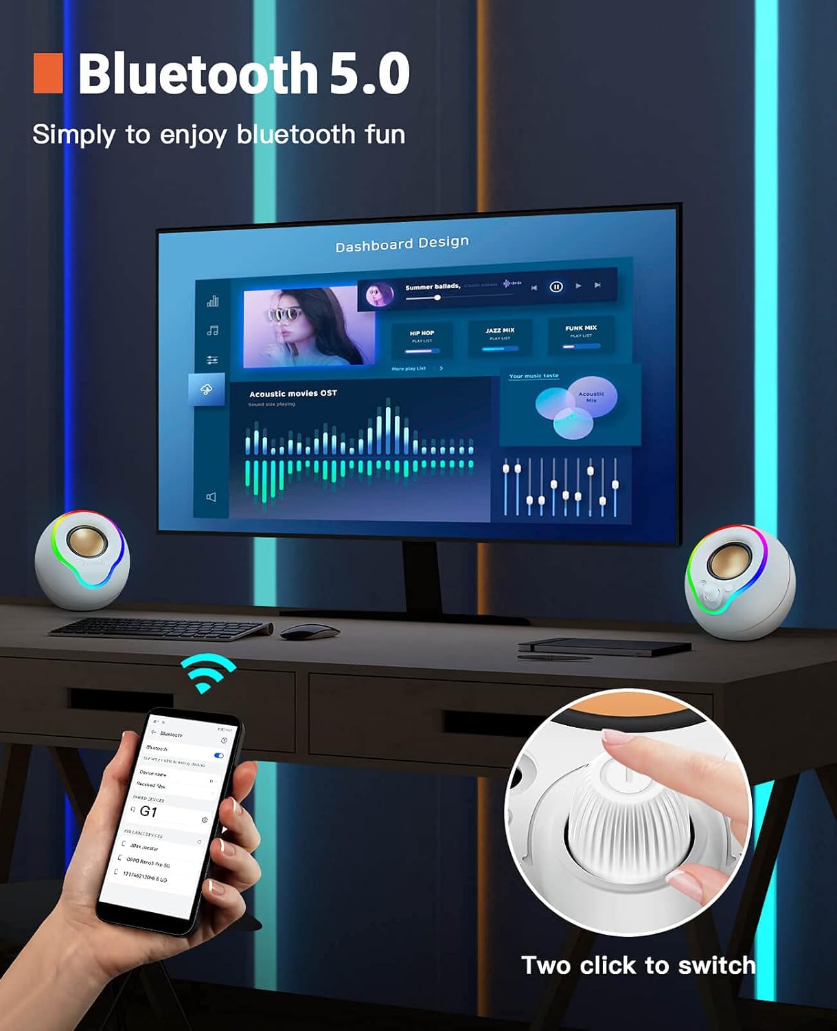 Bluetooth PC Speakers Stereo Desktop Touch RGB Lights White