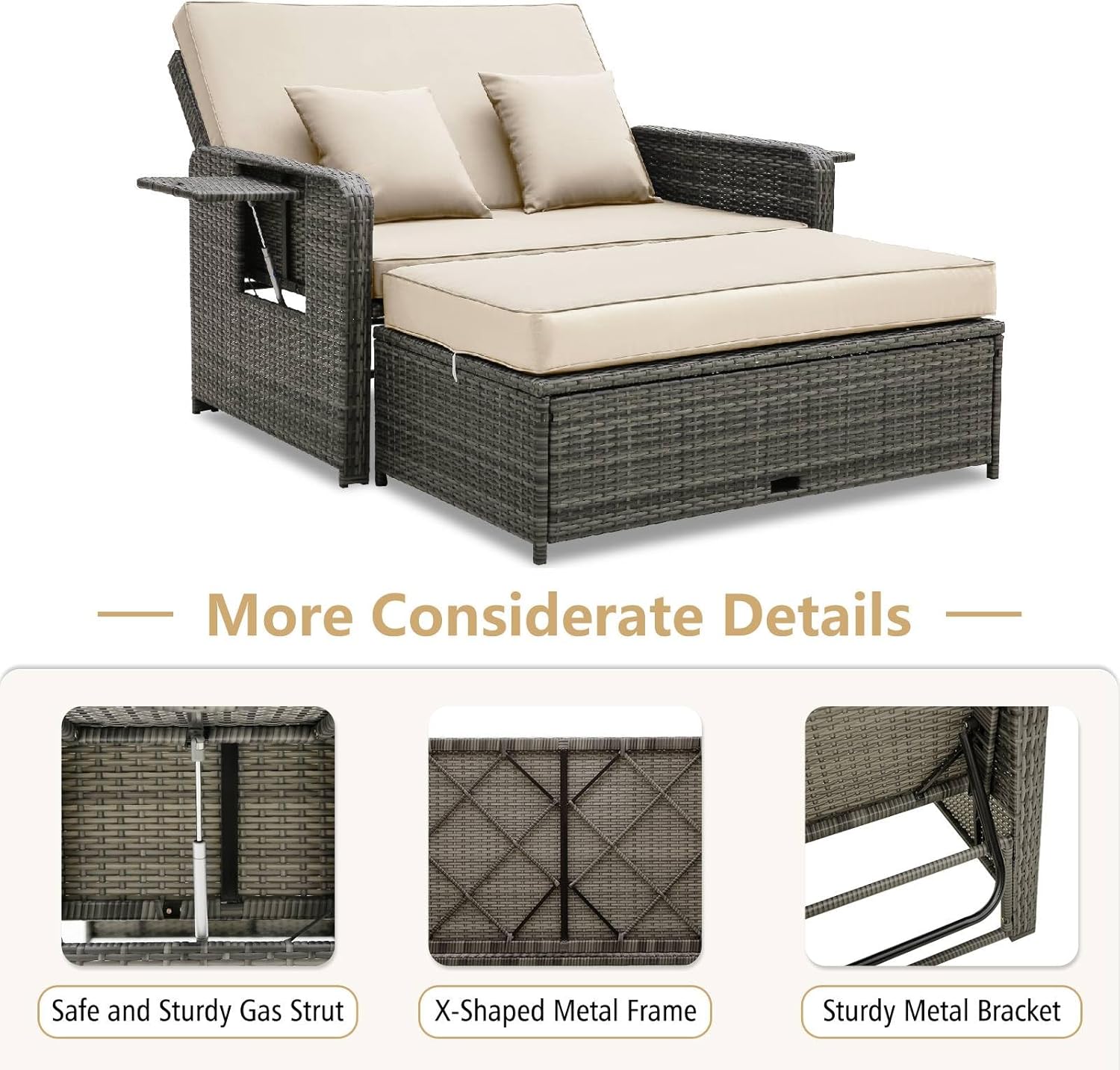 2 in 1 Rattan Daybed Sun Lounger Beige Grey