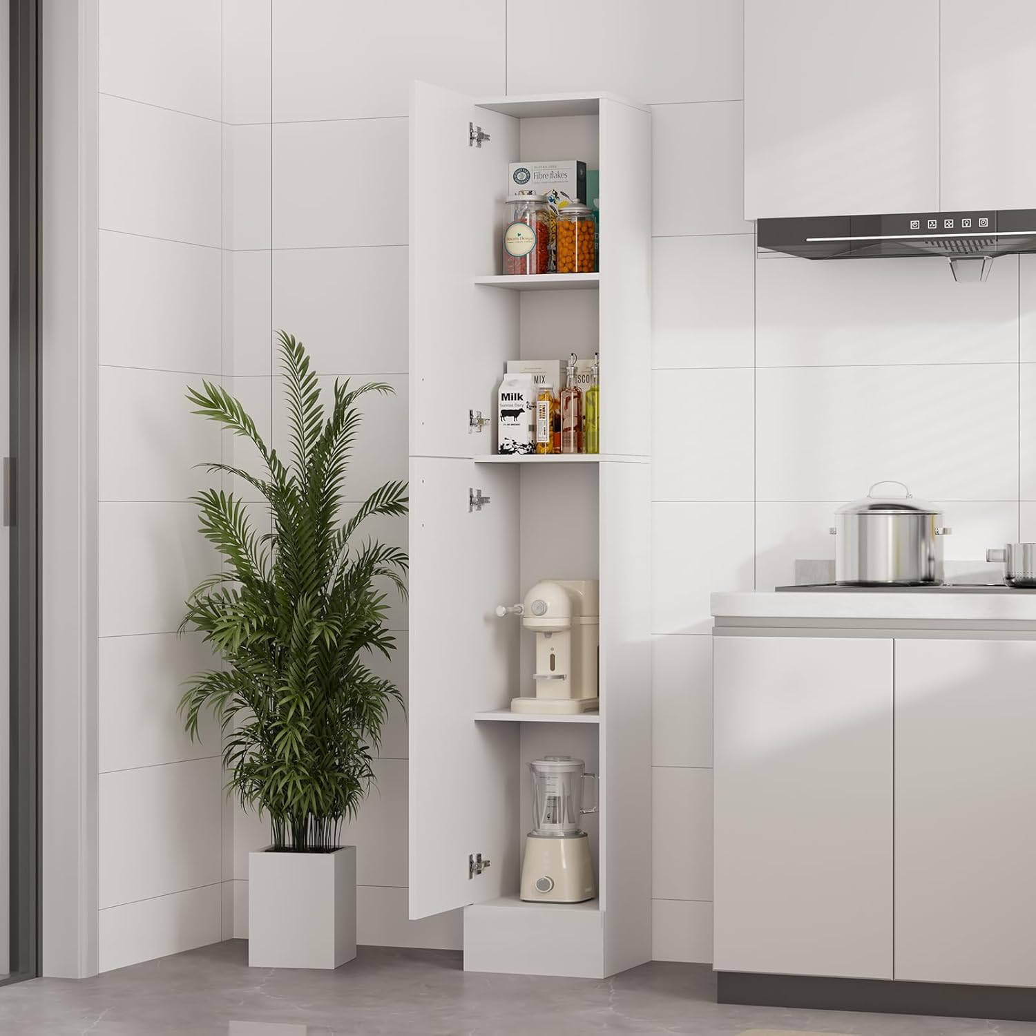 High Gloss Tall Bathroom Cabinet 2 Door 4 Shelf White 188cm