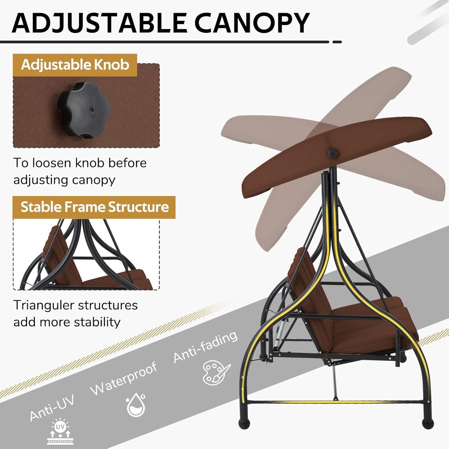 3 Seater Garden Swing Bed with Adjustable Canopy Brown