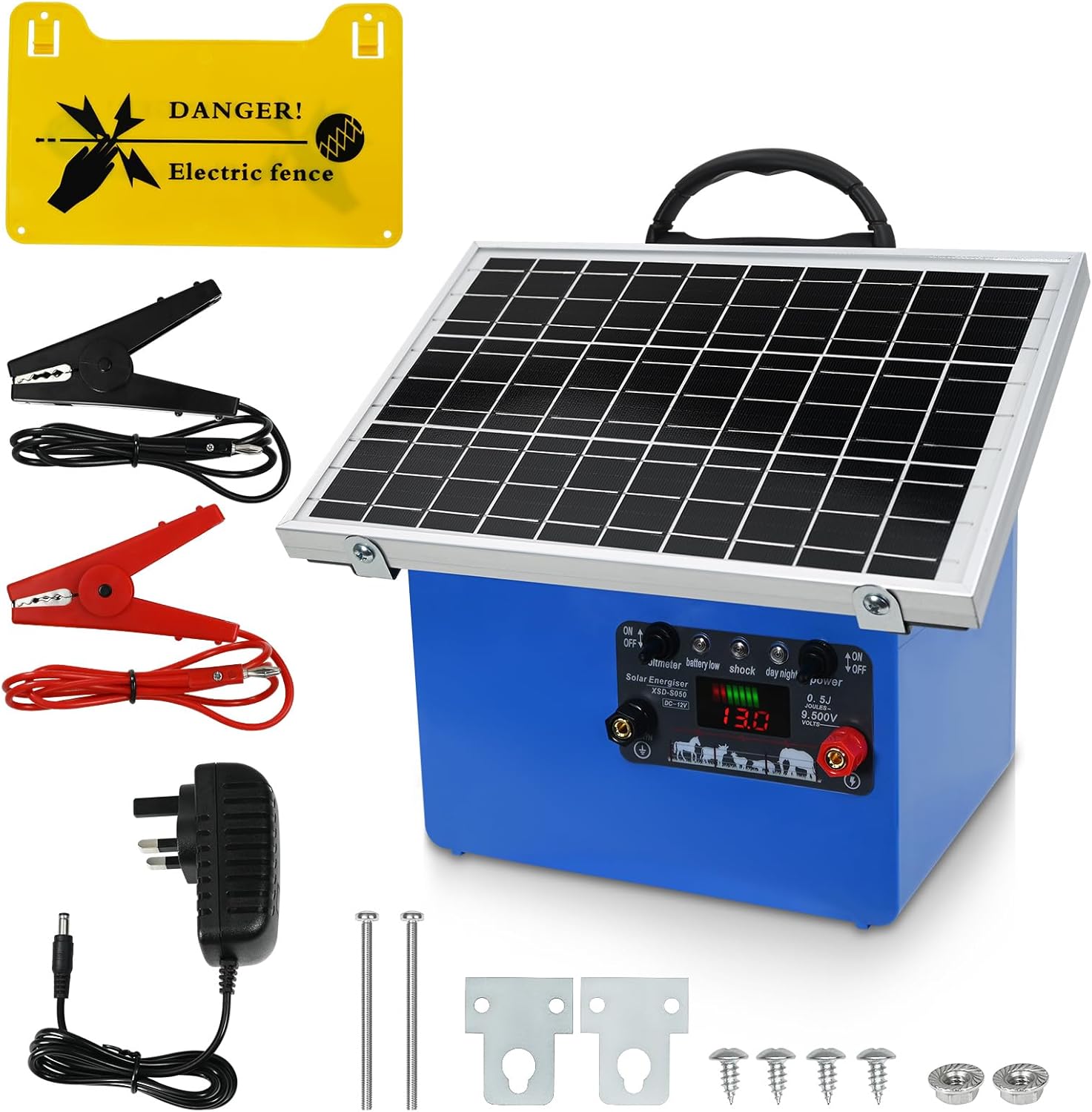 30KM Solar Electric Fence Charger 0.5J Portable Energizer Kit