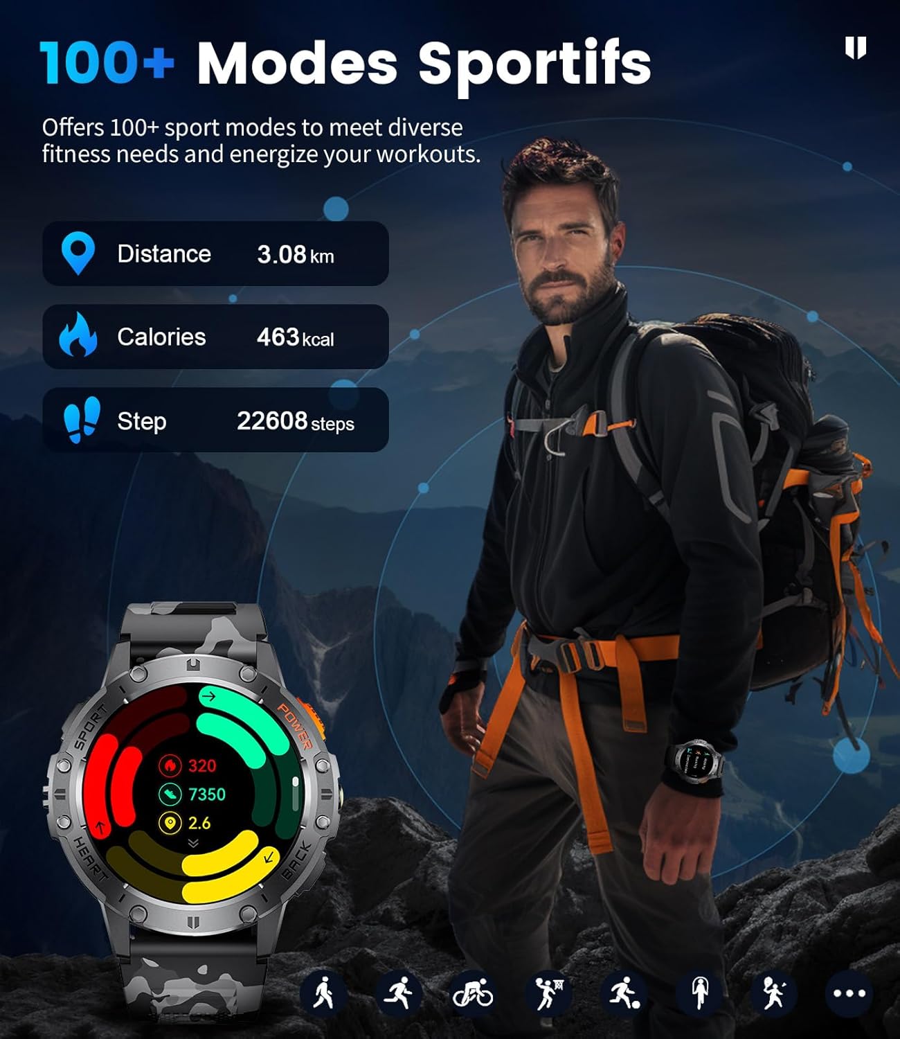 Military AMOLED Smart Watch LED Light 3 Straps