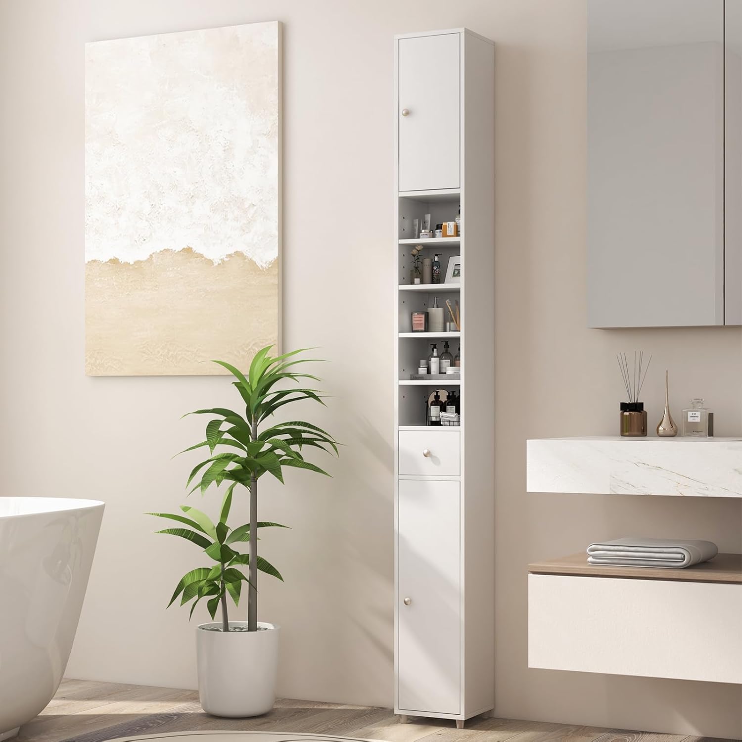 Tall Slim Storage Cabinet White Drawer Adjustable Shelf Unit
